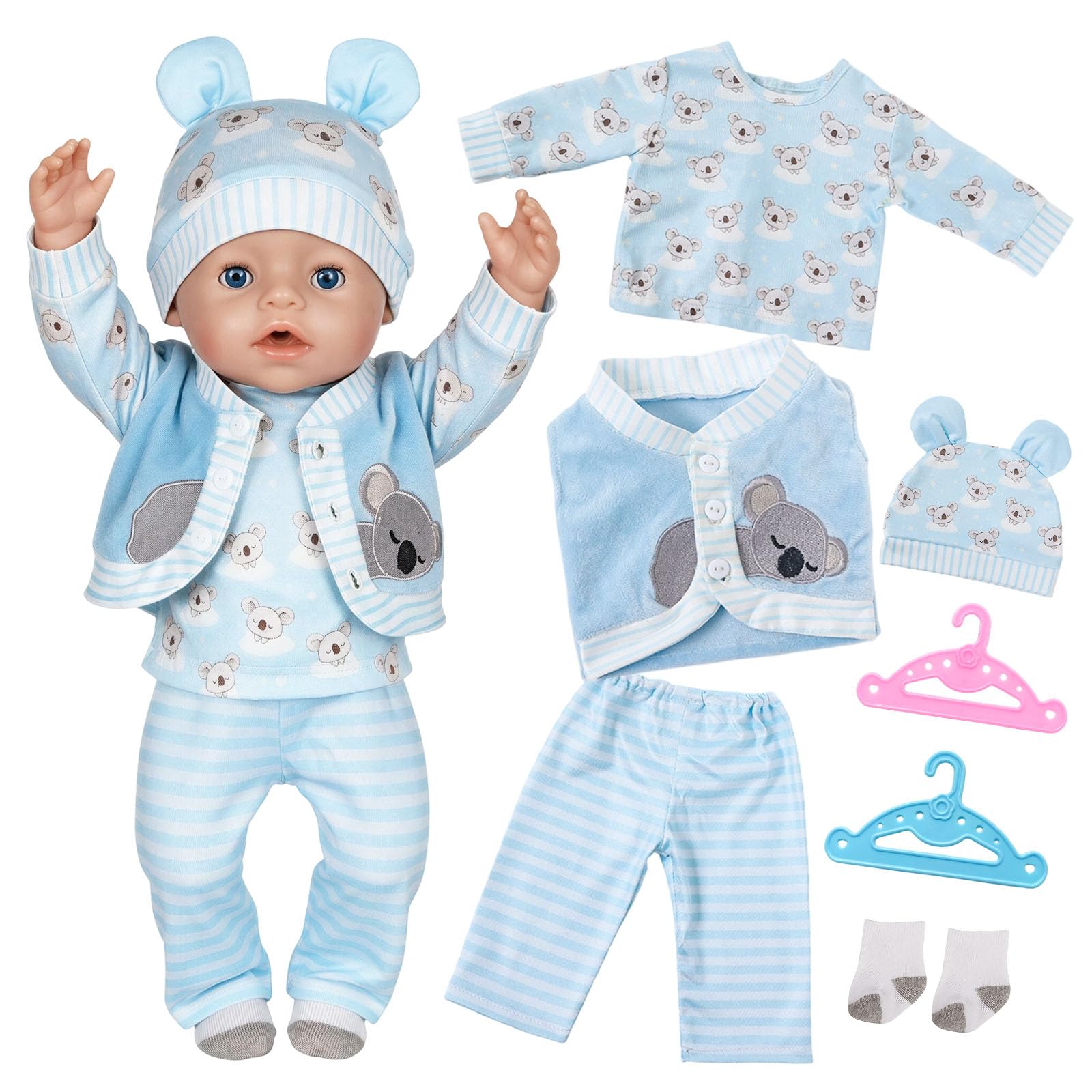 7 Pcs Cute Baby Doll Clothes for 35–43 cm Dolls, Blue Baby Doll Outfit with Hats Long‑Sleeved Shirts Pants Undershirt Socks Hangers Baby Doll Accessories Set for 14-18 Inch Dolls, Girls' Birthday Gift