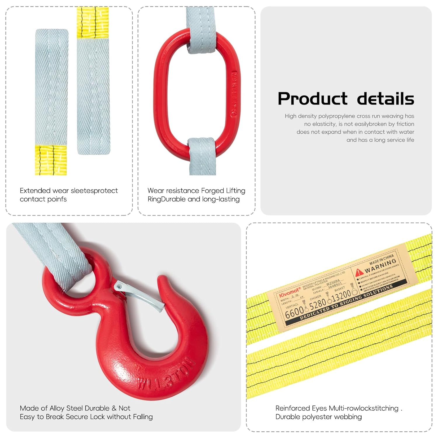 2-Leg 3 Ton Lifting Sling with G80 Master Link & Hooks, Polyester Webbing Bridle Sling, 5 ft x 3 in, 6,600 lbs WLL, Yellow - Image 4