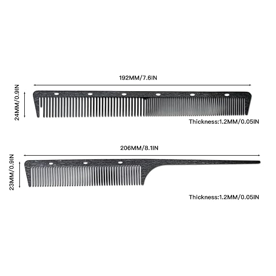 2 Pcs 304 Stainless Steel Metal comb, anti-static, heat-resistant, Ultra-thin, Metal Teasing Comb with Pick, Rat Tail Comb, Wood Grain Design(black)
