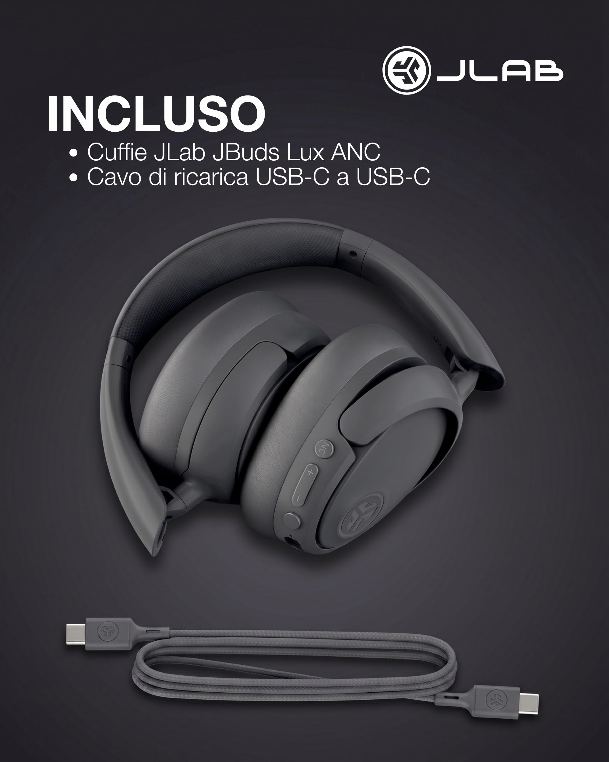 JLab JBuds LUX ANC Cuffie Attive Intelligenti Con Cancellazione Del Rumore - Cuffie Wireless Sopra L'Orecchio Con Microfono, Auricolari Bluetooth Pieghevoli, Grafite