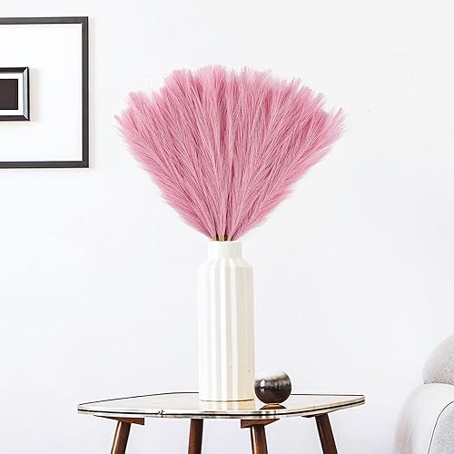 Miniatura 6 de YYS Hierba de pampa rosa sintética de 17.7 pulgadas con 6 tallos, arreglo floral de hierba pomposa para un ambiente inspirado en la decoración del