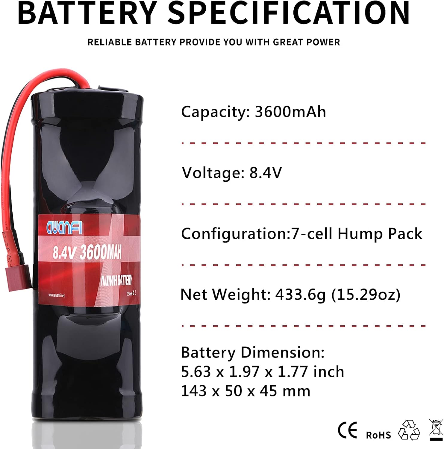 AWANFI 8.4V NiMH Battery 7-Cell 3600mAh Hump Pack NiMH RC Battery with Deans Plug for Most 1/10 Scale RC Car RC Truck RC Boat