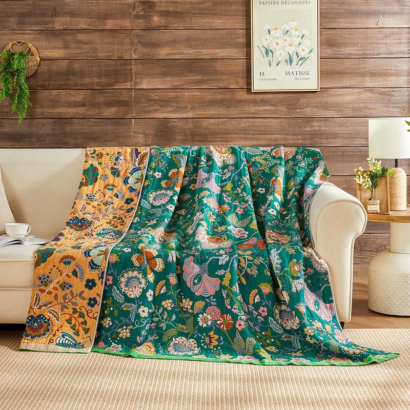 Image of Boho Throw Blanket Cotton Muslin Woven Flower Decorative Blankets 90 inchx98 inch