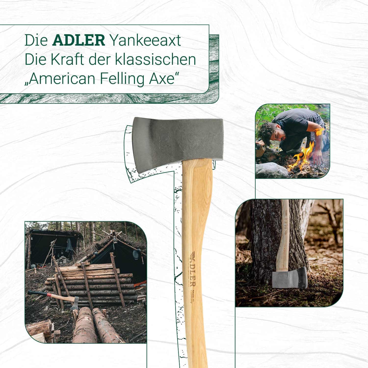 ADLER Yankeeaxt Fällaxt 1600g 80 cm C60 Hickorystiel Spalten Grün
