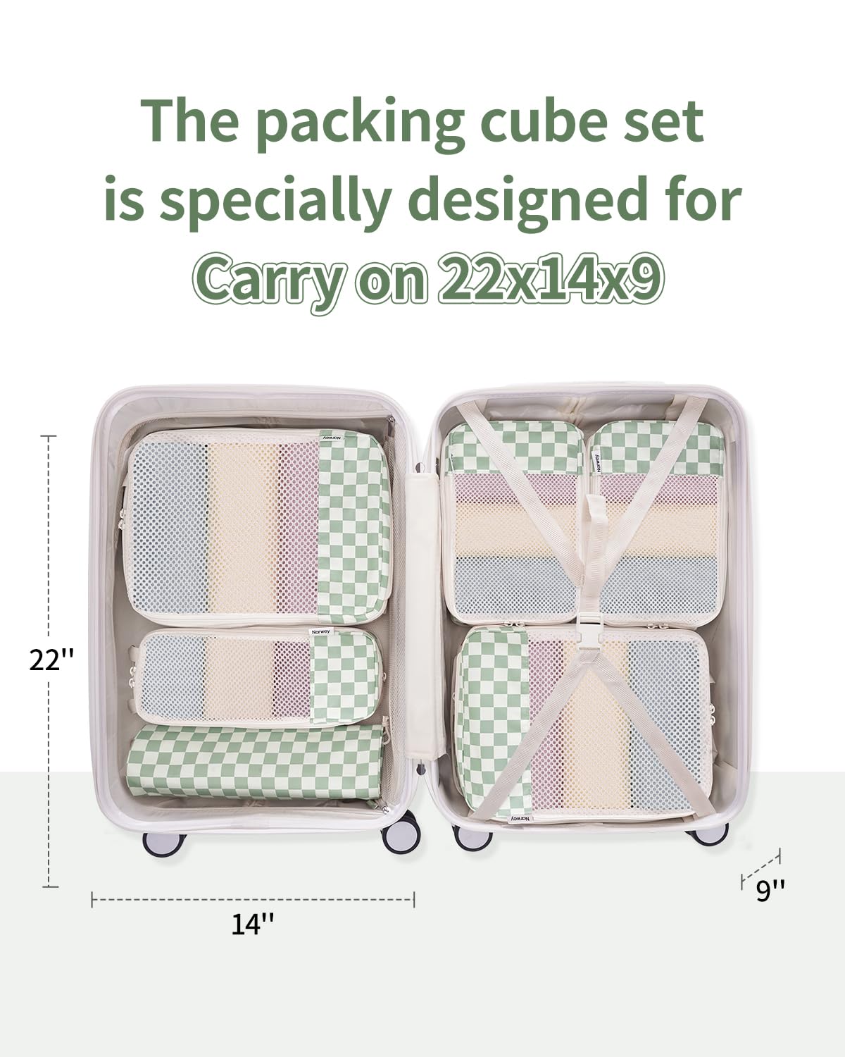 Narwey 6er-Set Kompressions-Verpackungswürfel, kariert, für Reisen, für Handgepäck, Koffer, Reisetaschen, Minzgrün, Schachbrettmuster