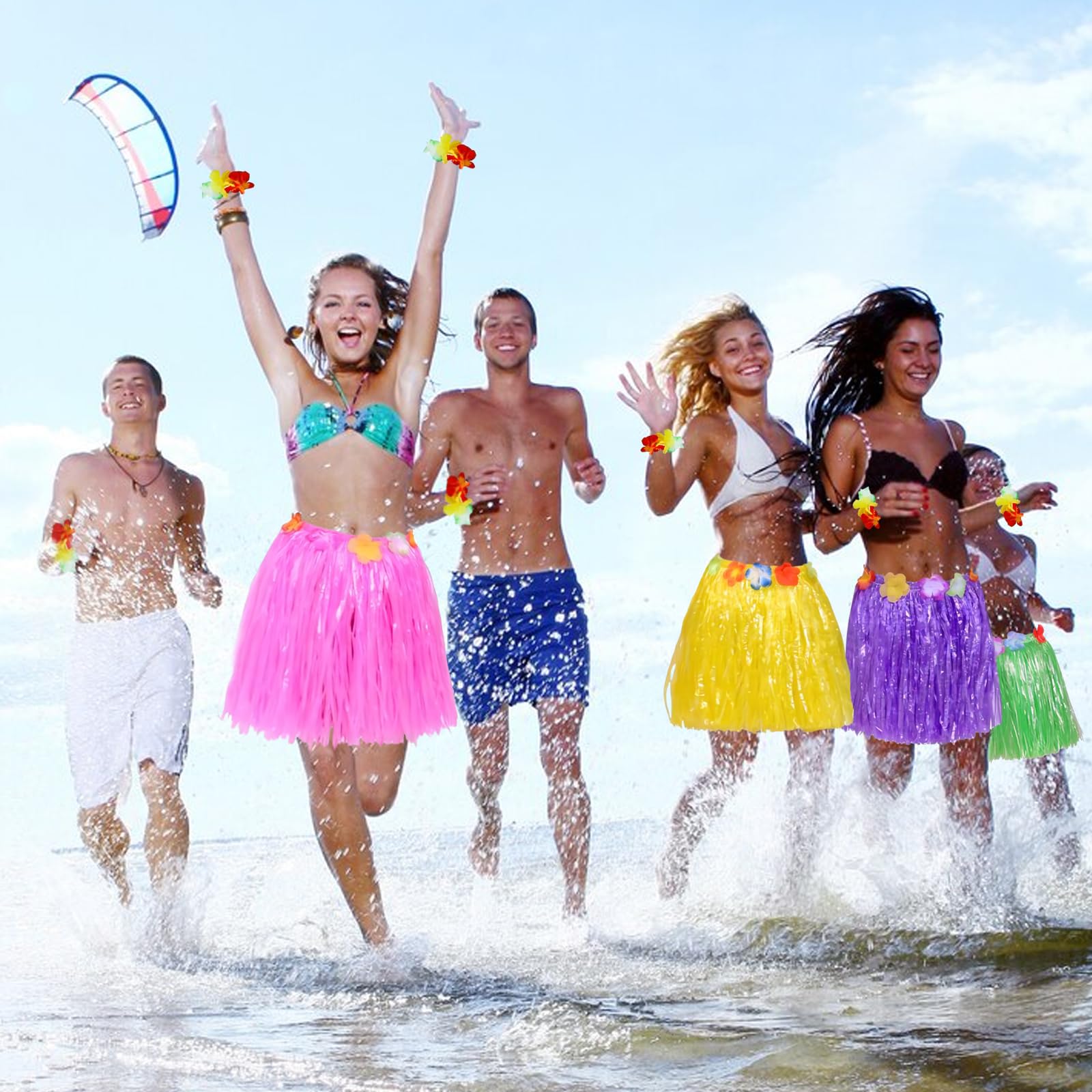 24 Pièces Hawaïenne Jupe en Herbe avec Bracelet, 40cm Hula Grass Set avec Leis Dance Dress, Élastiques de Luau avec Fleurs d'Hibiscus pour Hawaiian Aloha Beach Party Supplies