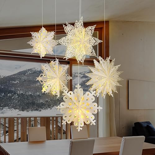 Miniatura 6 de Mudder 5 faroles de papel de copo de nieve de Navidad con 7 luces de estrella, lámpara de papel, lámpara de papel congelada para fiesta, decoración