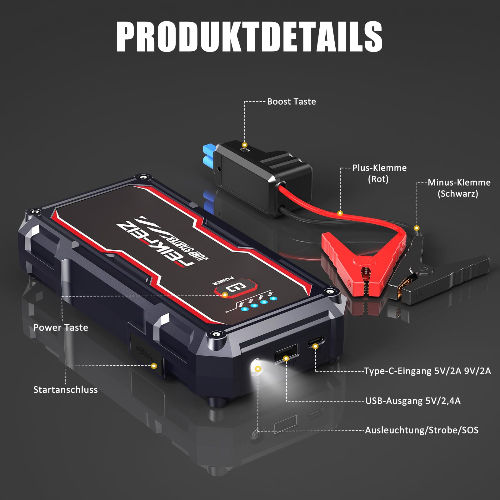 FEIKFEIZ Auto Starthilfe Powerbank, 6000A Spitzenstrom 26800mAh, Geeignet für 12V Auto Batterie (Alle Benzin und Bis Zu 8,0L Diesel), mit USB-Ladeausgang und LED-Licht