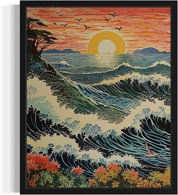Ocean Waves Wall Art Poster Print, Scenery Landscape American Folk Art, Naive Painting Decor Gallery 31 Ocean Waves, 10" L x 8" W, Unframed