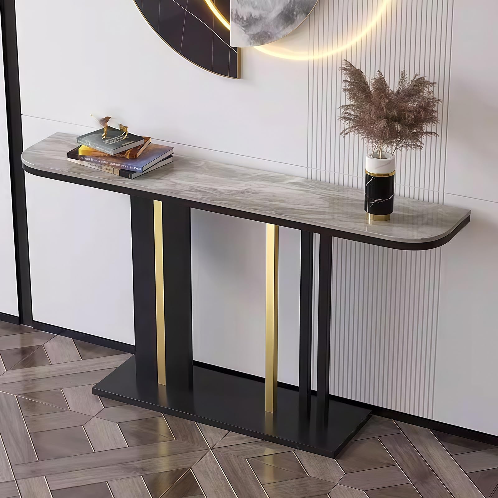 Mesa de entrada moderna con tablero de imitación de piedra, mesa consola semicircular contra la pared, mesa auxiliar estrecha para sofá, ideal para la decoración de la sala de estar, el pasillo y la