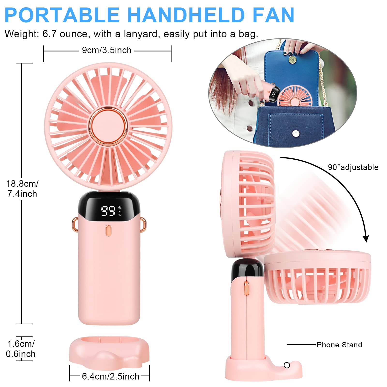 LYMYBETY Portable Handheld Fan, 4000mAh Mini USB Rechargeable Fan with Digital Display - Image 2