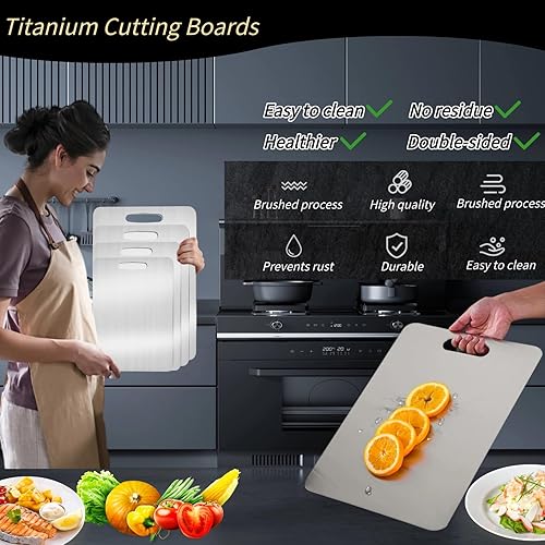 Miniatura 2 de Tabla de cortar de titanio para cocina, juego de 23  Tabla de cortar de doble cara de grado alimenticio para carne, diseño colgable, fácil de