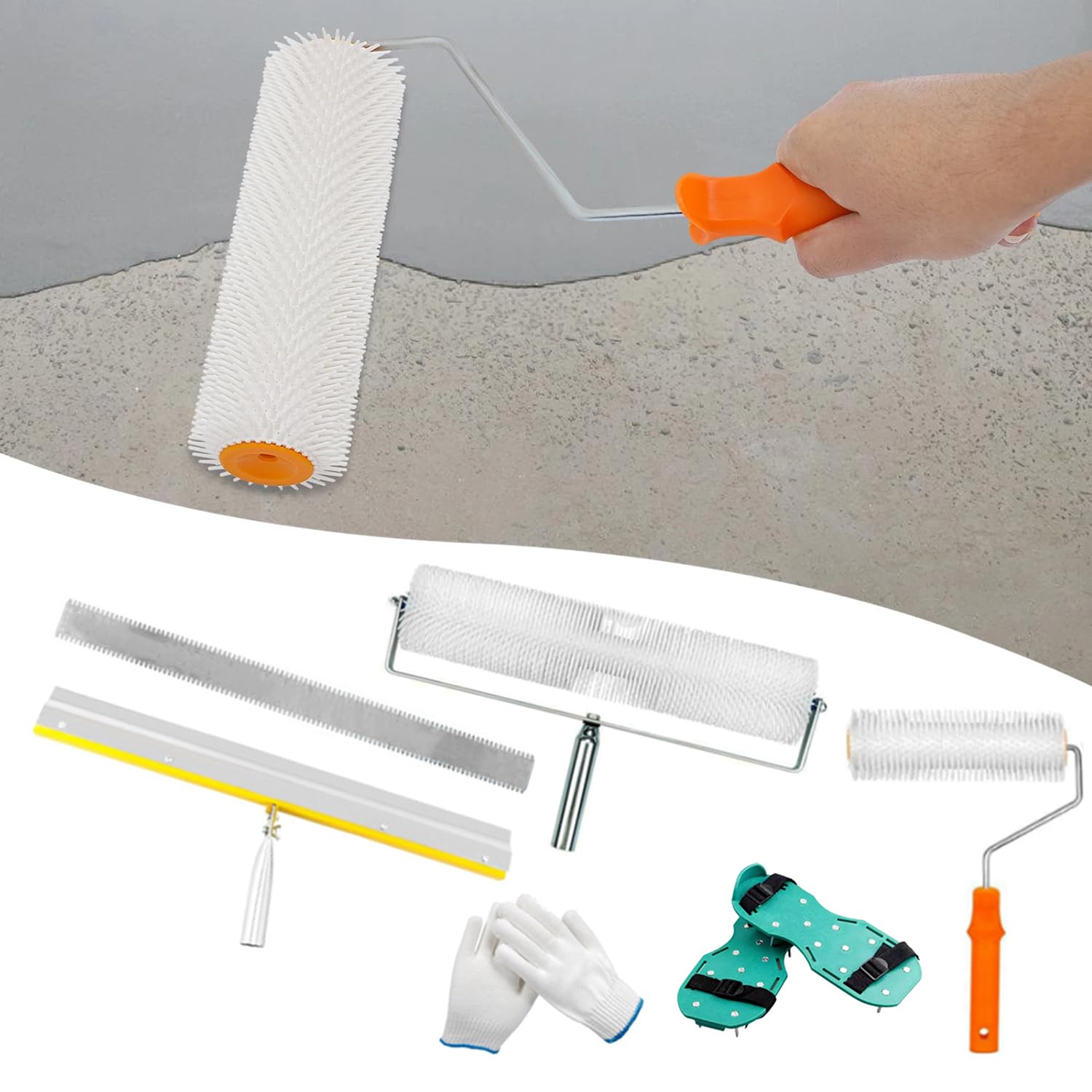 Kit d'outils de ciment autonivelant,Outils de Ciment Ragreage,Rouleaux anti-mousse de 23 cm et 50,8 cm,Raclette grande surface de 56 cm + botte à crampons de 3 cm,pour Niveler les Murs du Sol Composé