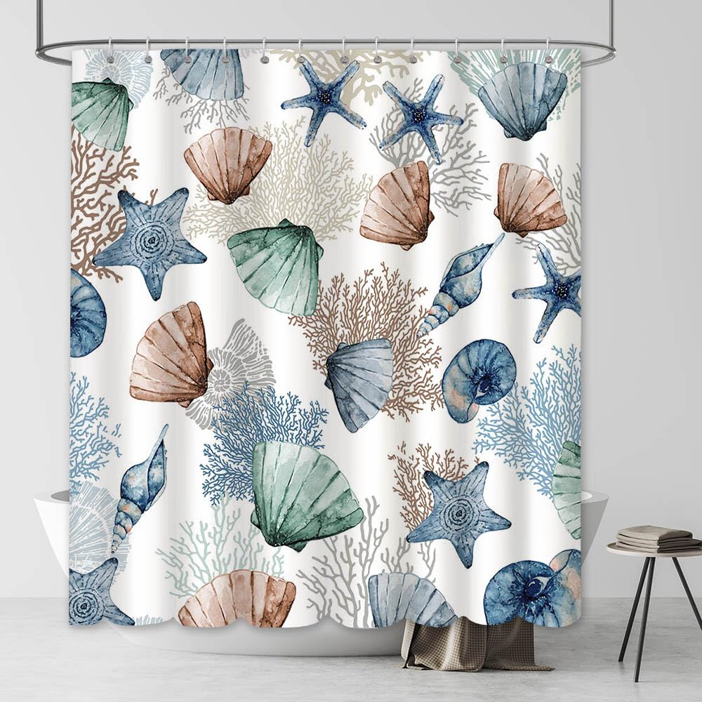 Seestern-Duschvorhang Aus Polyester – Aquarell-Design Mit Korallen & Muscheln, 183 X 183 Cm, Inkl. 12 Haken