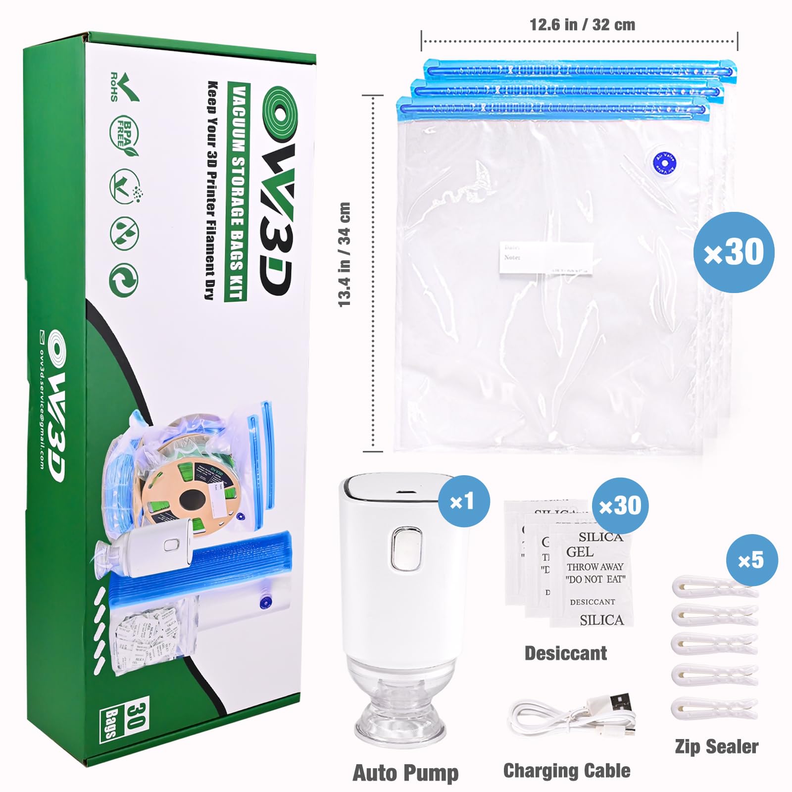 OVV3D Filament Aufbewahrung Kit mit Auto Pumpe, 32x34cm 30 Vakuumbeutel, 30 Trockenmittel
