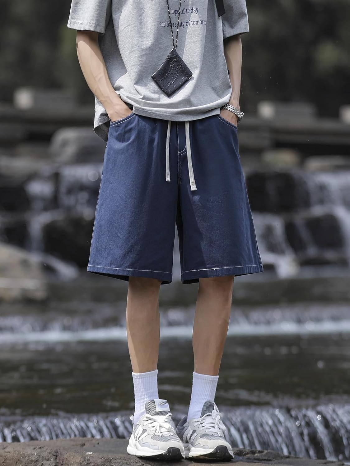 Men's Shorts Embroidered Workwear Summer American Style Loose Fit Straight Leg Pants for Men-Navy Blue-X-Large