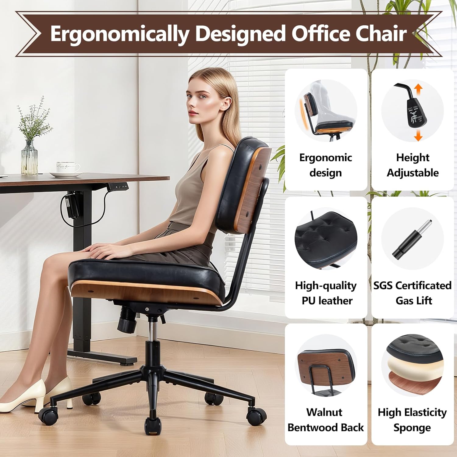 Walnut Armless Modern Office Desk Chair with Wheels, PU Leather Adjustable Height Swivel Rolling Task Chair, Ergonomic Criss Cross Legged Computer Chair(Black) - Image 6