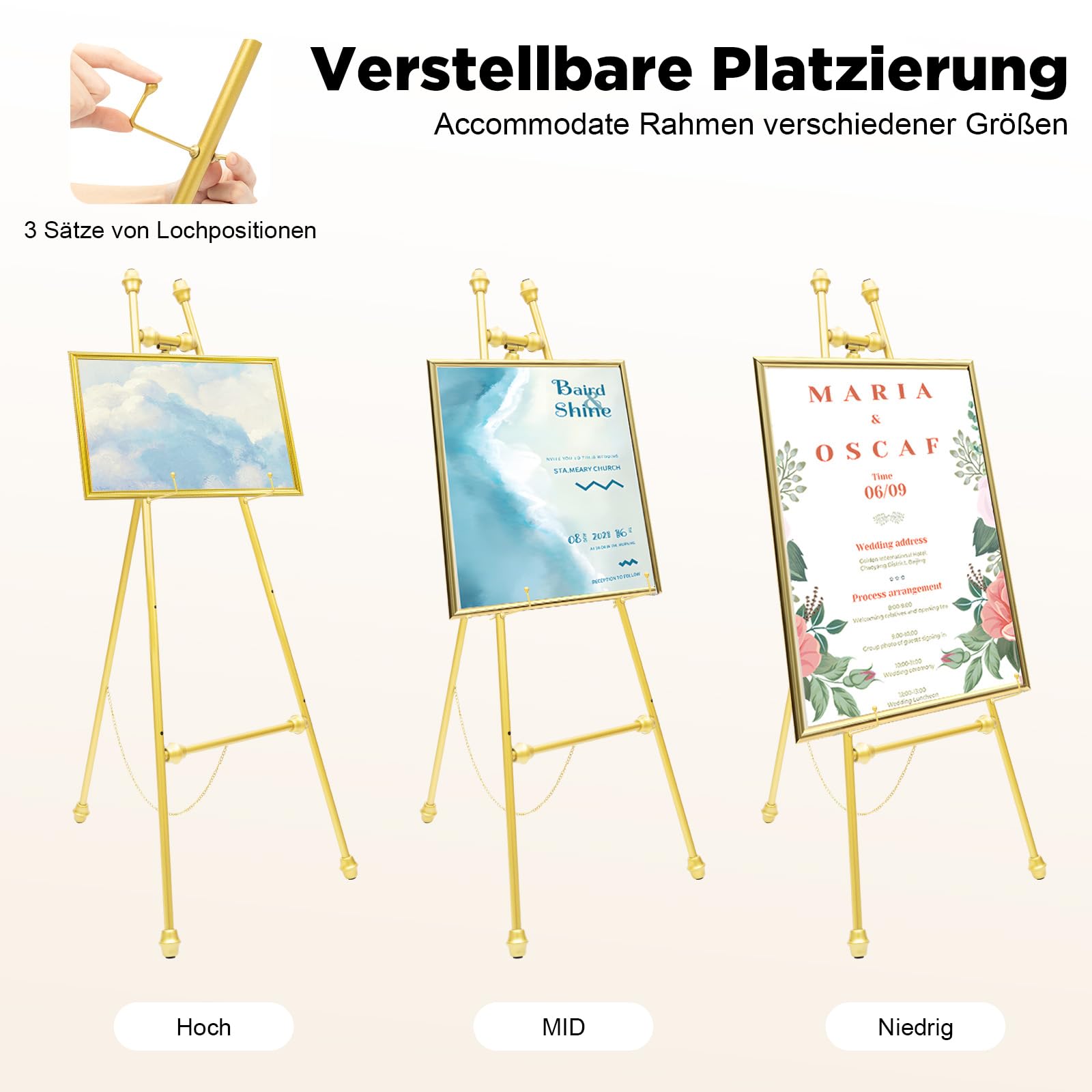 2 Stücke Staffelei Ständer Staffelei Display Ständer für Hochzeitsschild & Poster, Goldene Display-Halter mit verstellbaren Haken, Gold Hochzeit Staffeleien für Willkommensschilder