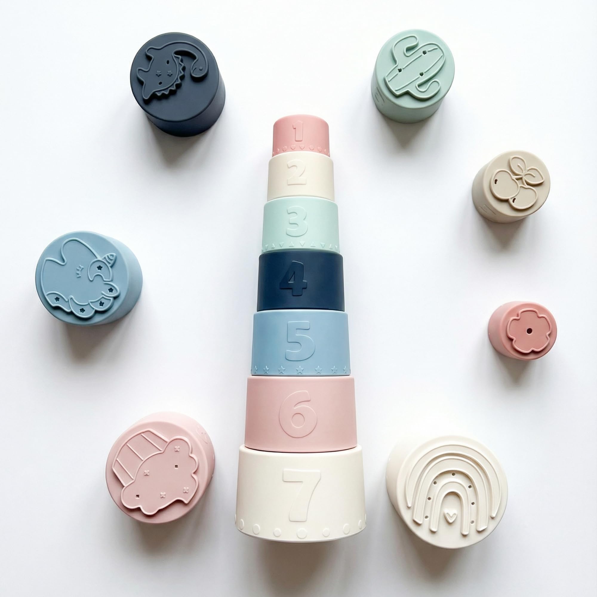 Super Doopers Silicone Stacking Cups, Gentle Day Pastel Set, 7-Piece Bath Play Toy, BPA-Free Silicone, Montessori Sensory Toy