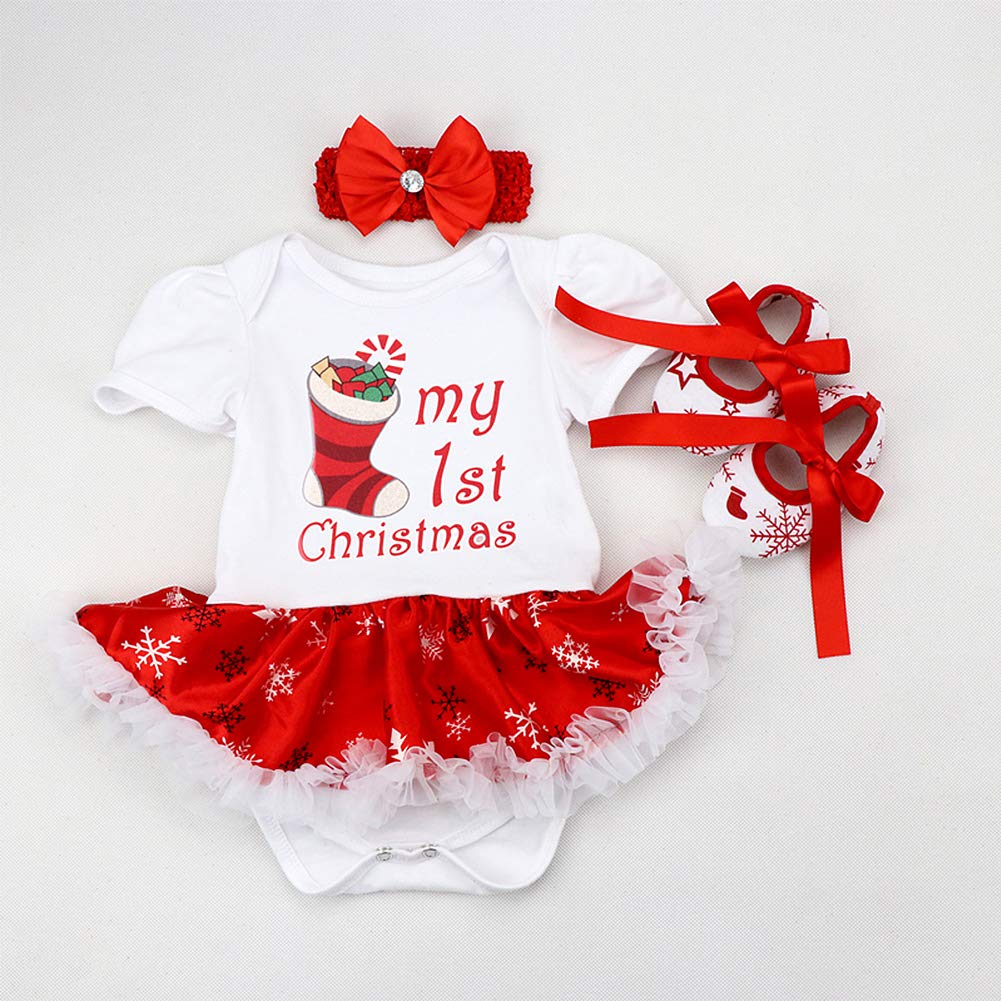 AFAVOM Baby Girls First Christmas Outfit 1st Xmas Letters Print Red Tutu Romper Dress for Newborn New Year Photo Shoot Clothes Birthday Party Bodysuit+Handband+Shoes White-Socks Print 0-3 Months