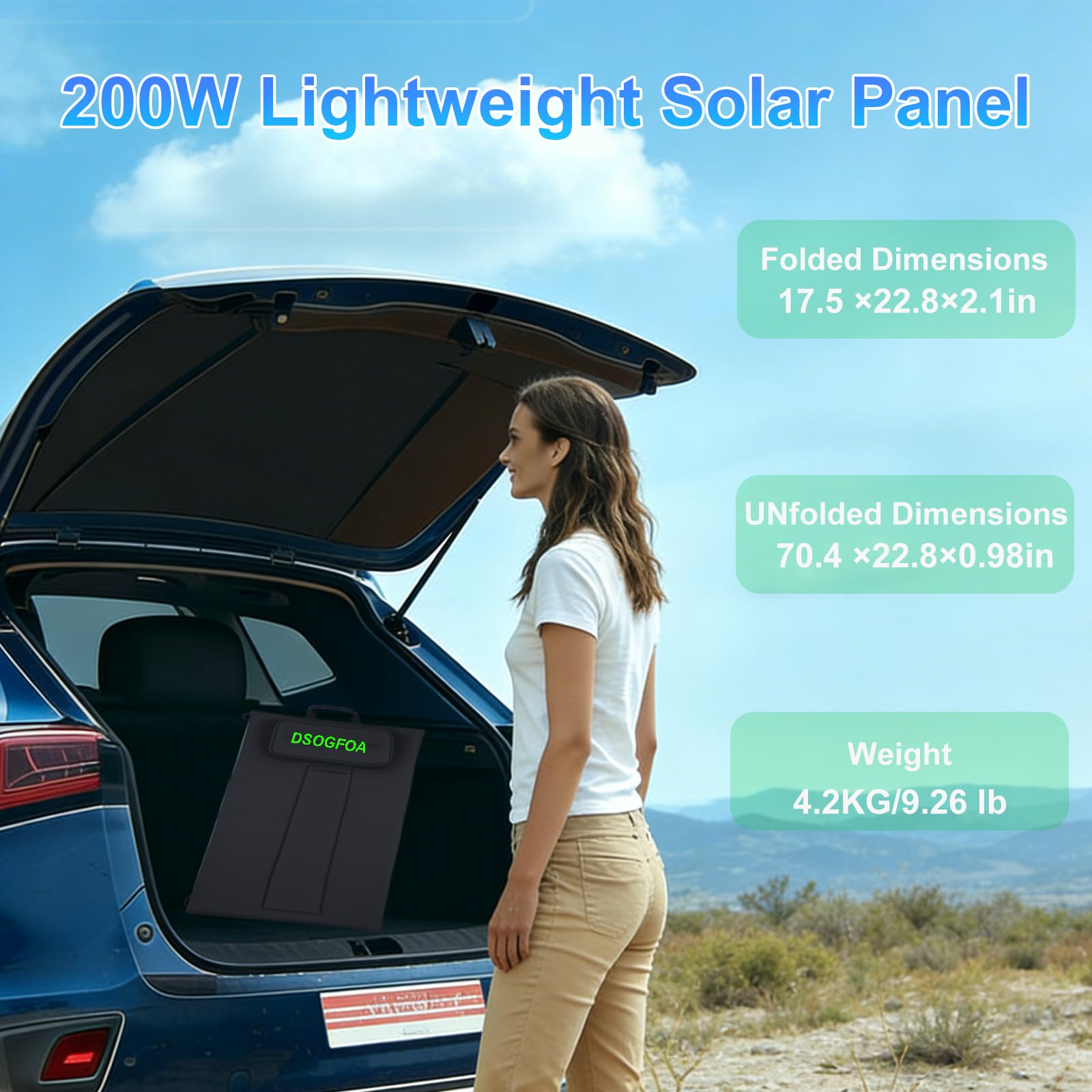 Panel słoneczny 200 W, lekka, przenośna ładowarka słoneczna, HPBC25% wysokowydajne panele słoneczne na kemping, wędrówki, do kampera, łodzi, ładowarka solarna z portami USB-A i USB-C, czterokrotnie