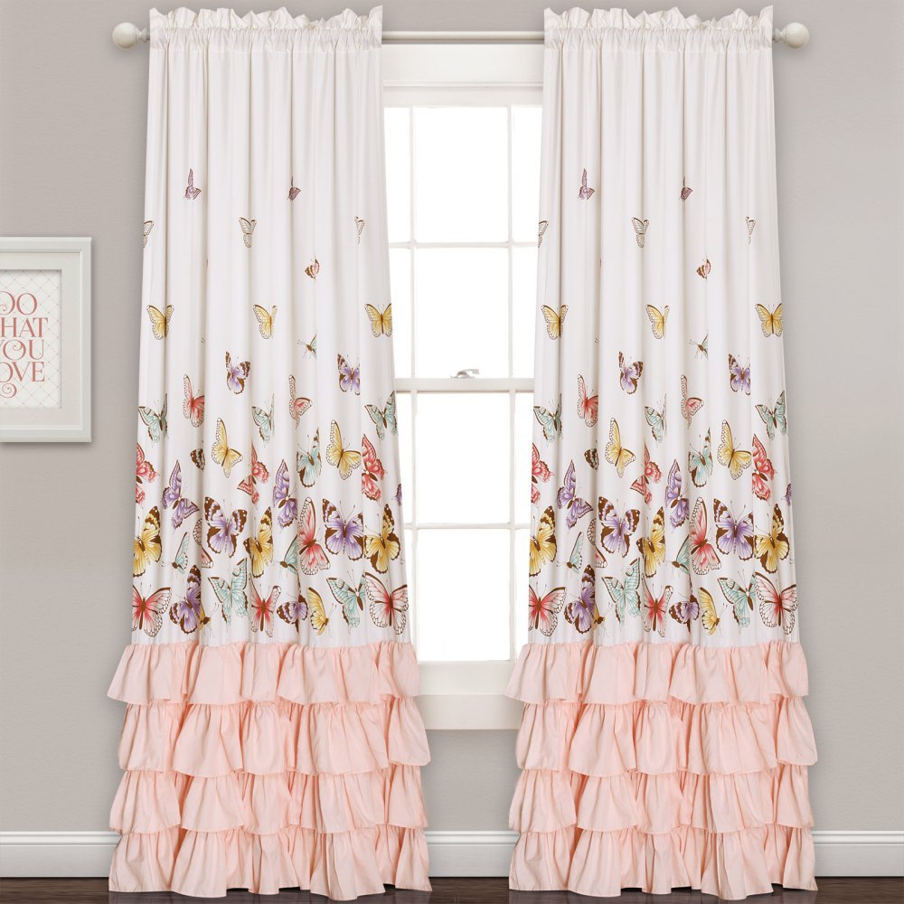 Lush Decor Flutter Butterfly Curtains | Ruffle Print Design Window Panel Set for Living, Dining, Bedroom (Pair), 84” x 52”, Pink