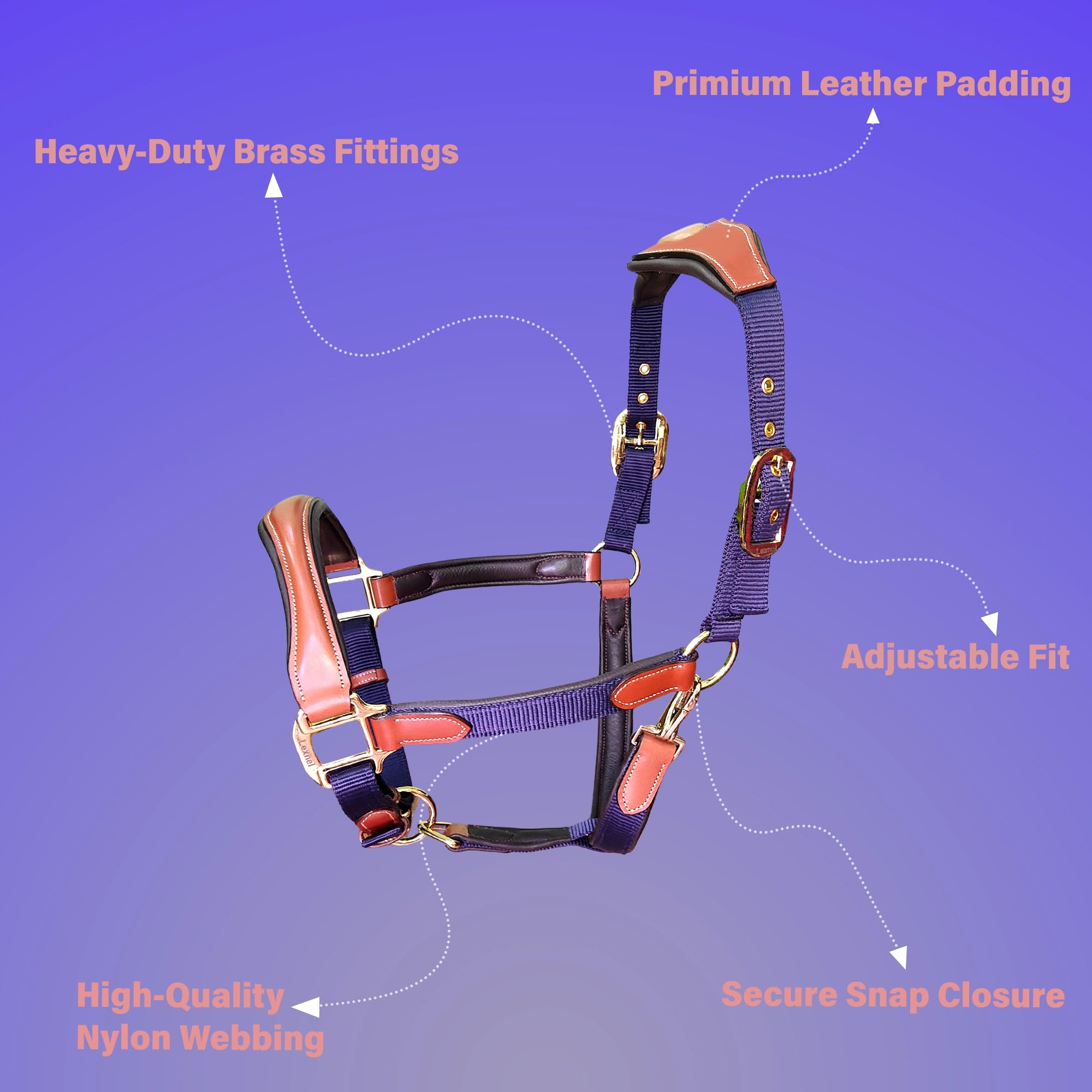 LEXNEL Leather Halter for Horses – Primium Leather Padded Nylon Halter, Adjustable Fit Leather Horse Halter with Brass Hardware for Ultimate Comfort & Style (Navy Blue, Full)