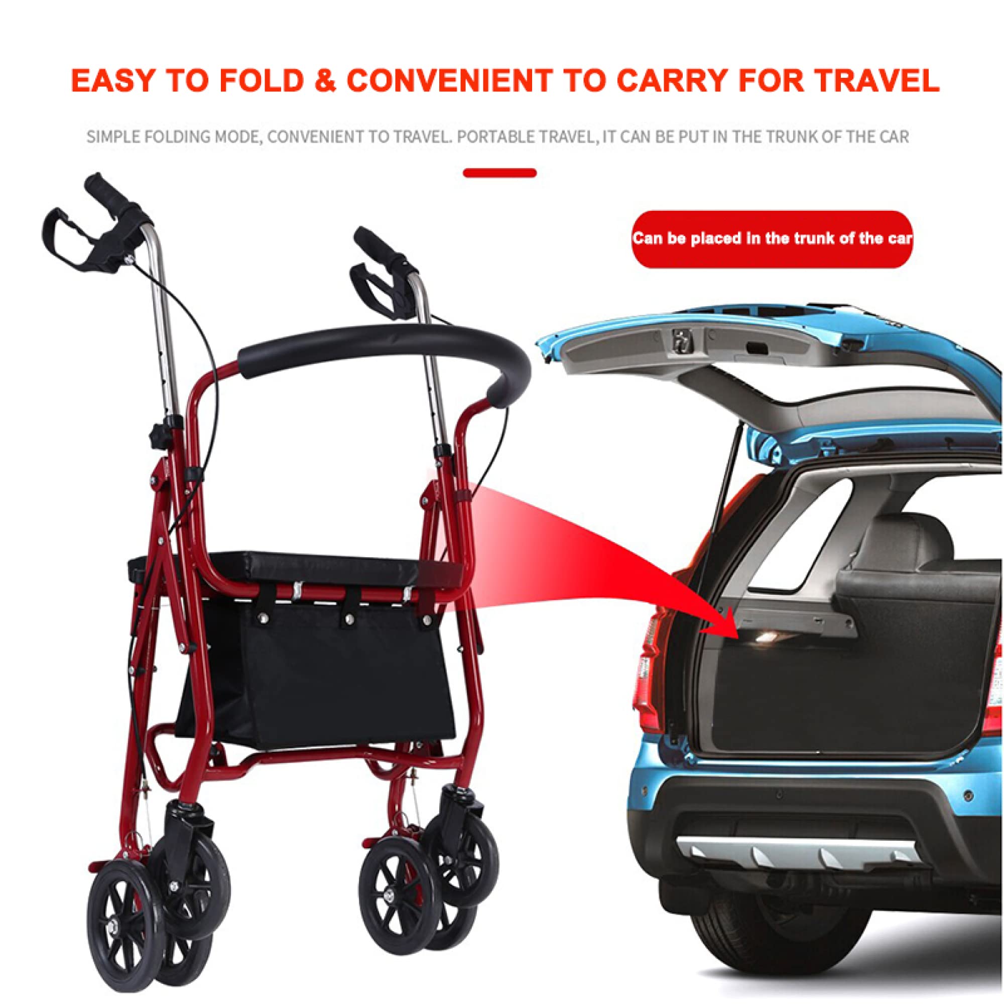 Andador portátil con cojín calefactor USB - Andador plegable de acero Freedom Mobility con ruedas de 5 pulgadas, carga hasta 220 lbs, rojo