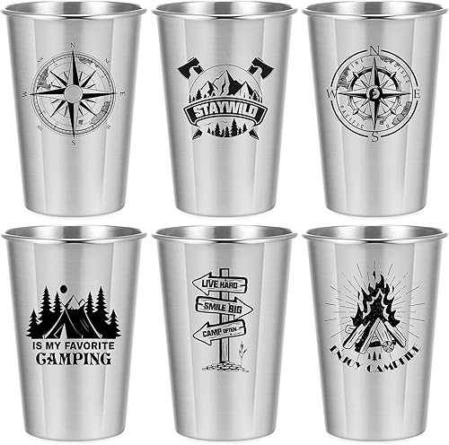 Inbagi 6 tazas de acero inoxidable de 16 onzas tazas de camping irrompibles de metal para campamento tazas apilables de acero inoxidable para niños
