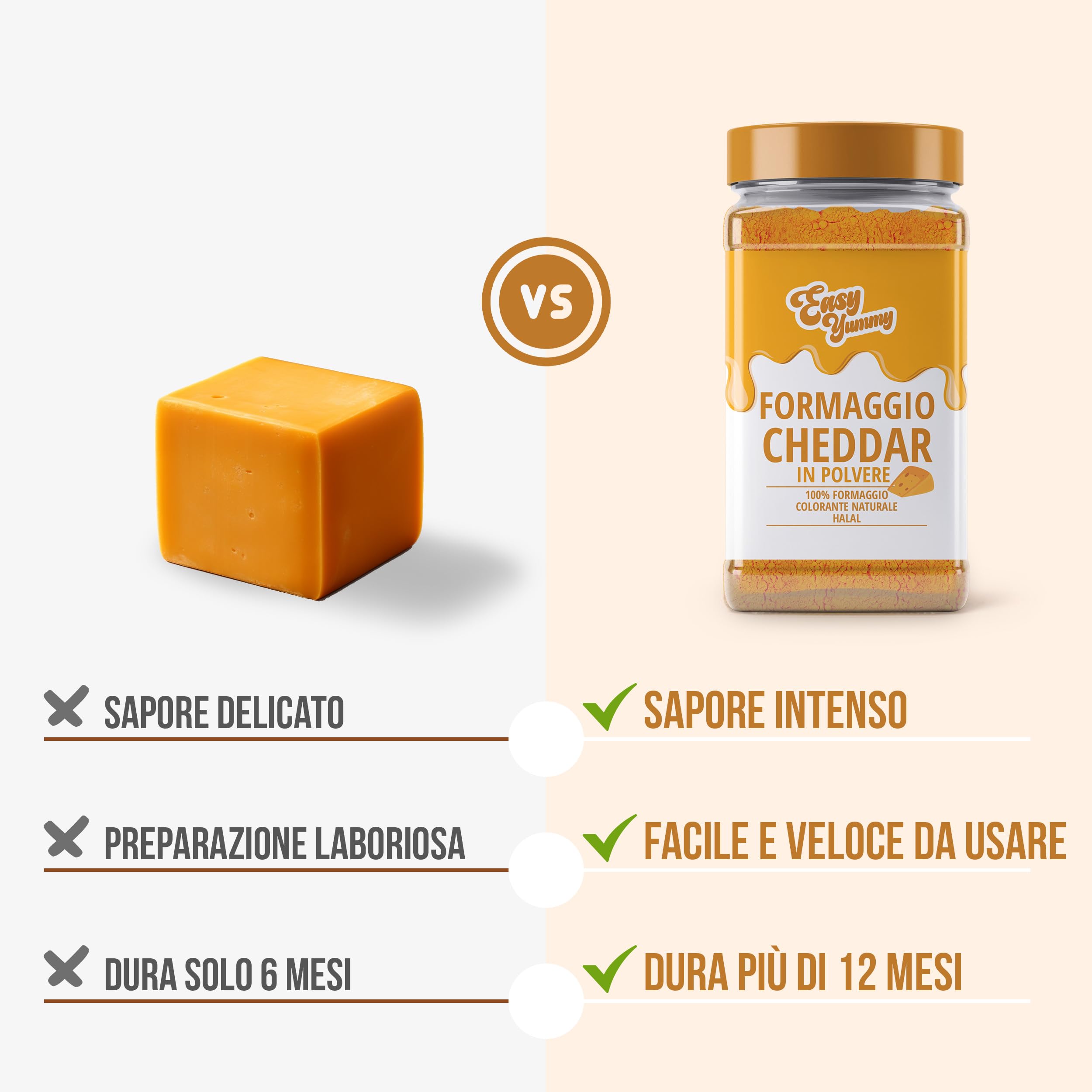 EASY YUMMY - Polvere di Formaggio Cheddar 300 g – Gusto di Formaggio Istantaneo per Piatti & Snack – Sempre Pronto, Senza Frigo – Prodotto in Europa con 100% Formaggio Reale – Colorazione Naturale