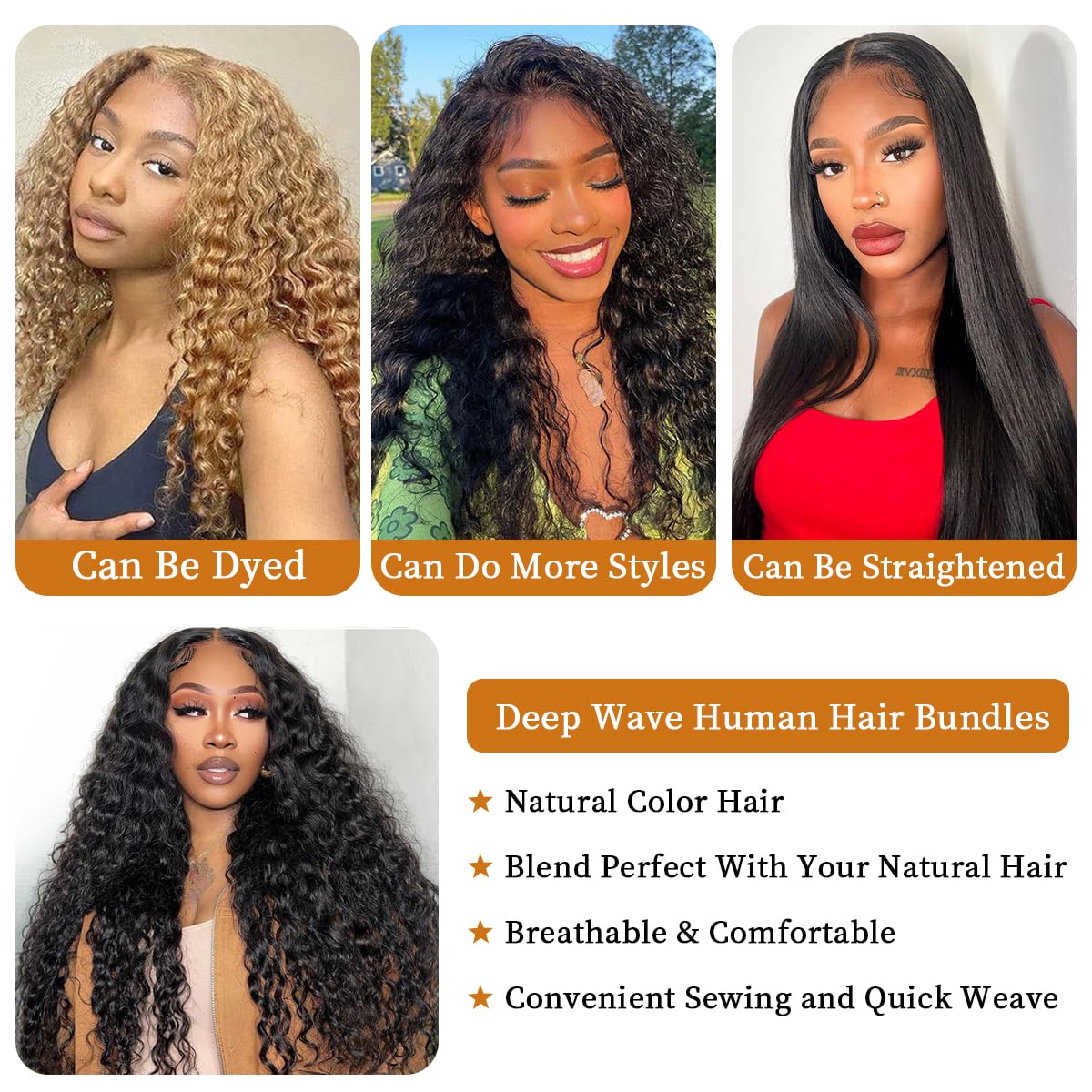 12A Deep Wave Human Hair Bundles 14 16 18 Inch Curly Bundles Human Hair 100% Unprocessed Human Hair Bundles Deep Wave Weft Extensions Weave Natural Black (300g)