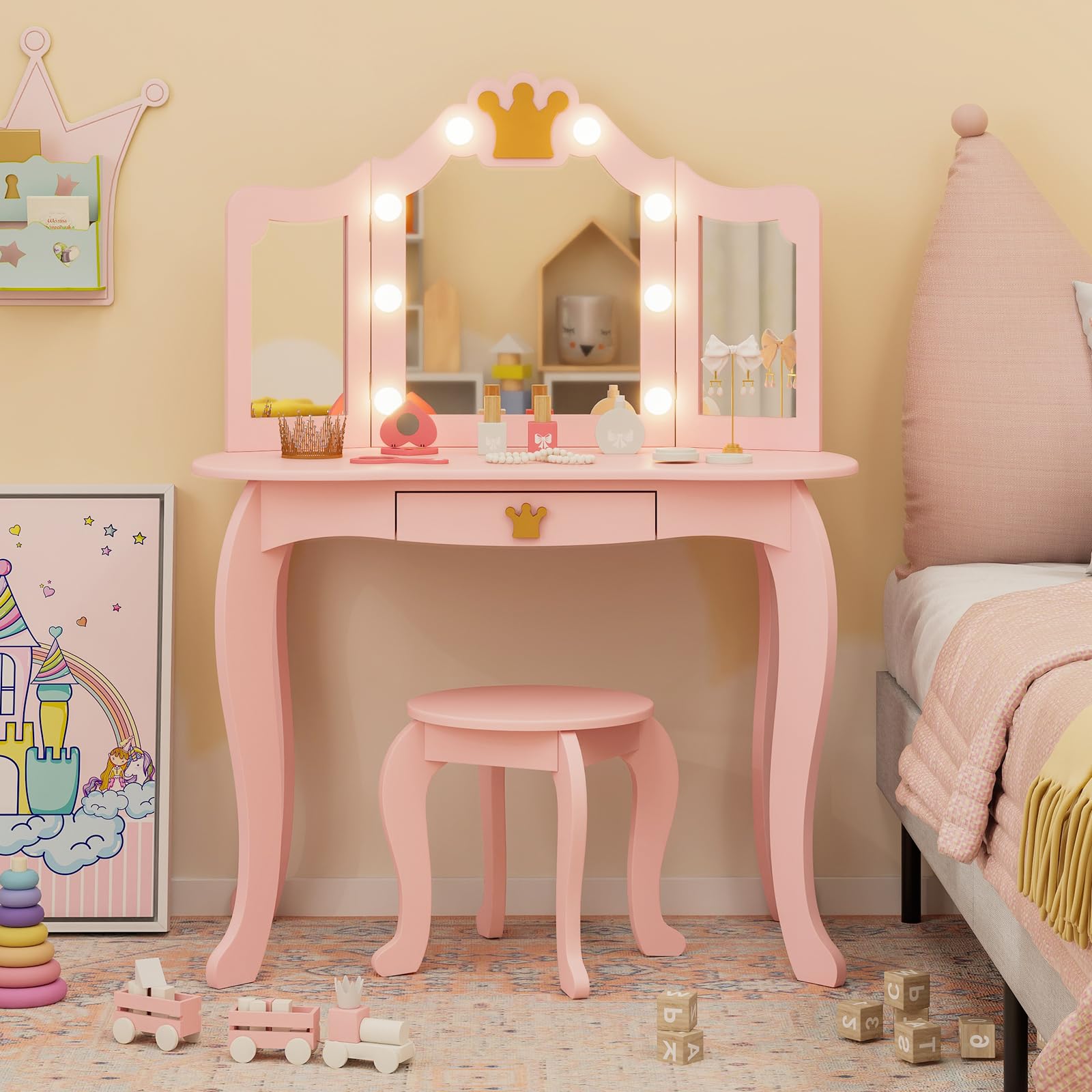 GYMAX Set Vanity Toeletta per Bambini, Tavolo da Trucco da Principessa con Specchio Triplo, Luci Dimmerabili a 3 Colori, Cassetto e Sgabello per Cameretta Bambina, 80 x 40 x 106 cm (Rosa)