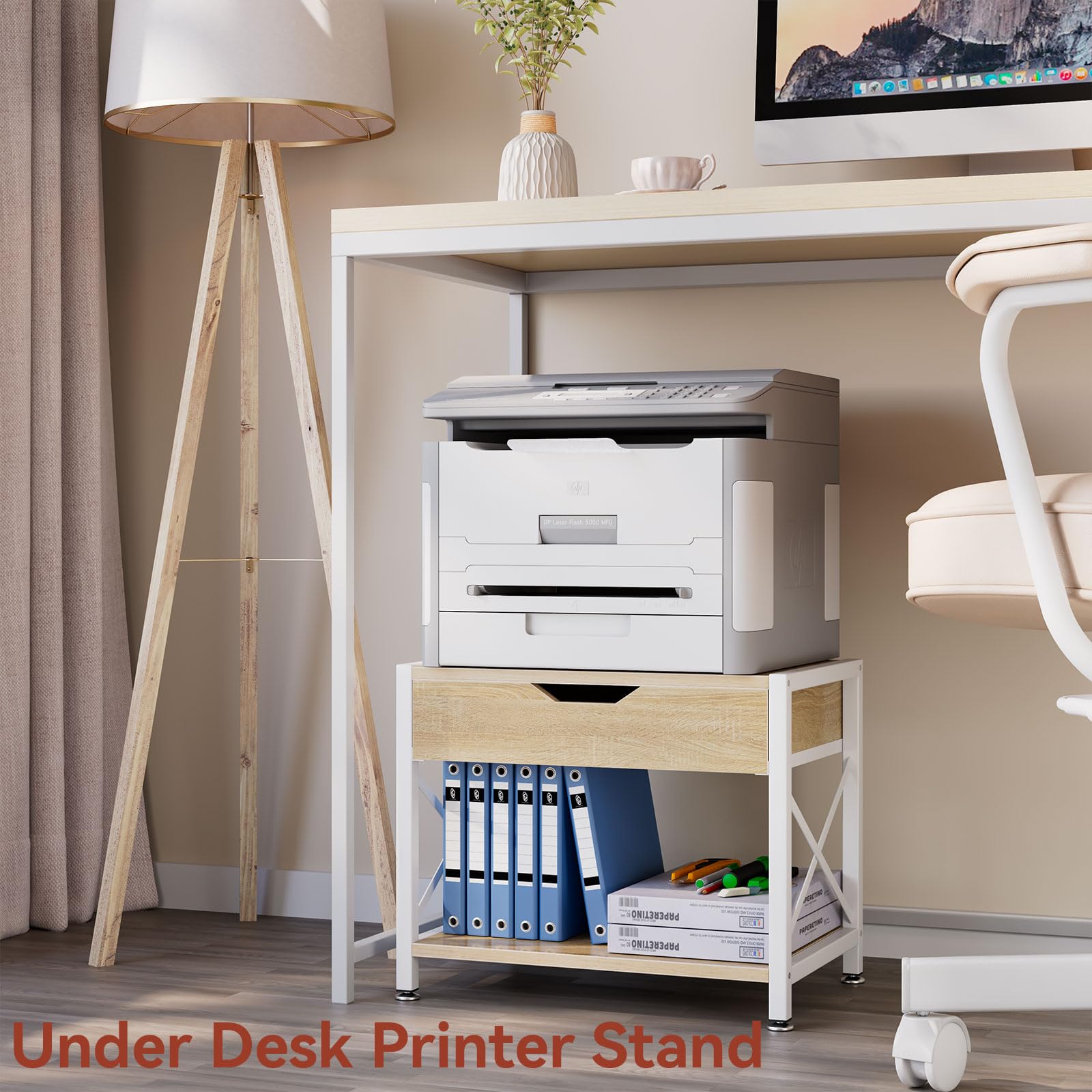 IBUYKE Soporte para impresora de escritorio de 2 niveles, organizador de escritorio multiusos, soporte de madera para impresora con cajón de almacenamiento para carpetas, libros, para máquina de fax,