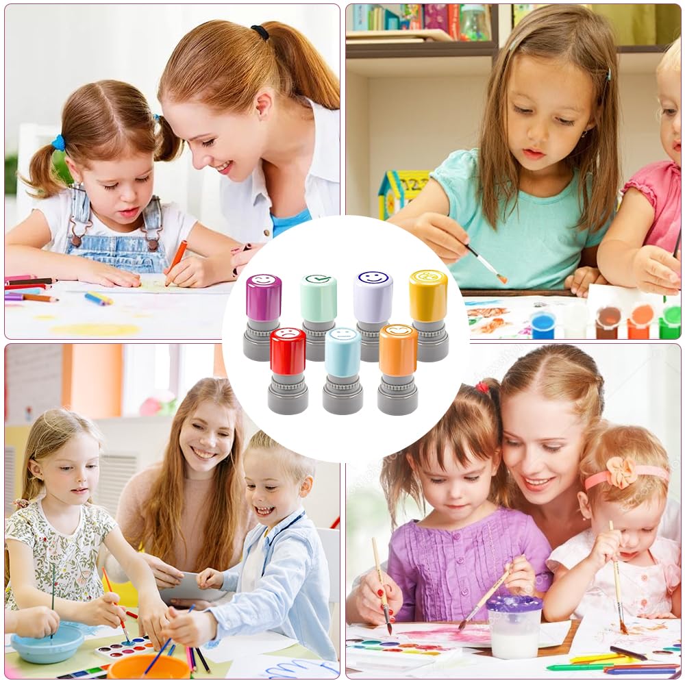 7 x stempel z tworzywa sztucznego dla nauczycieli języka francuskiego dla dzieci, uśmiechnięta pieczęć dla nauczyciela, prezent z pudełkiem, aby zachęcić uczniów