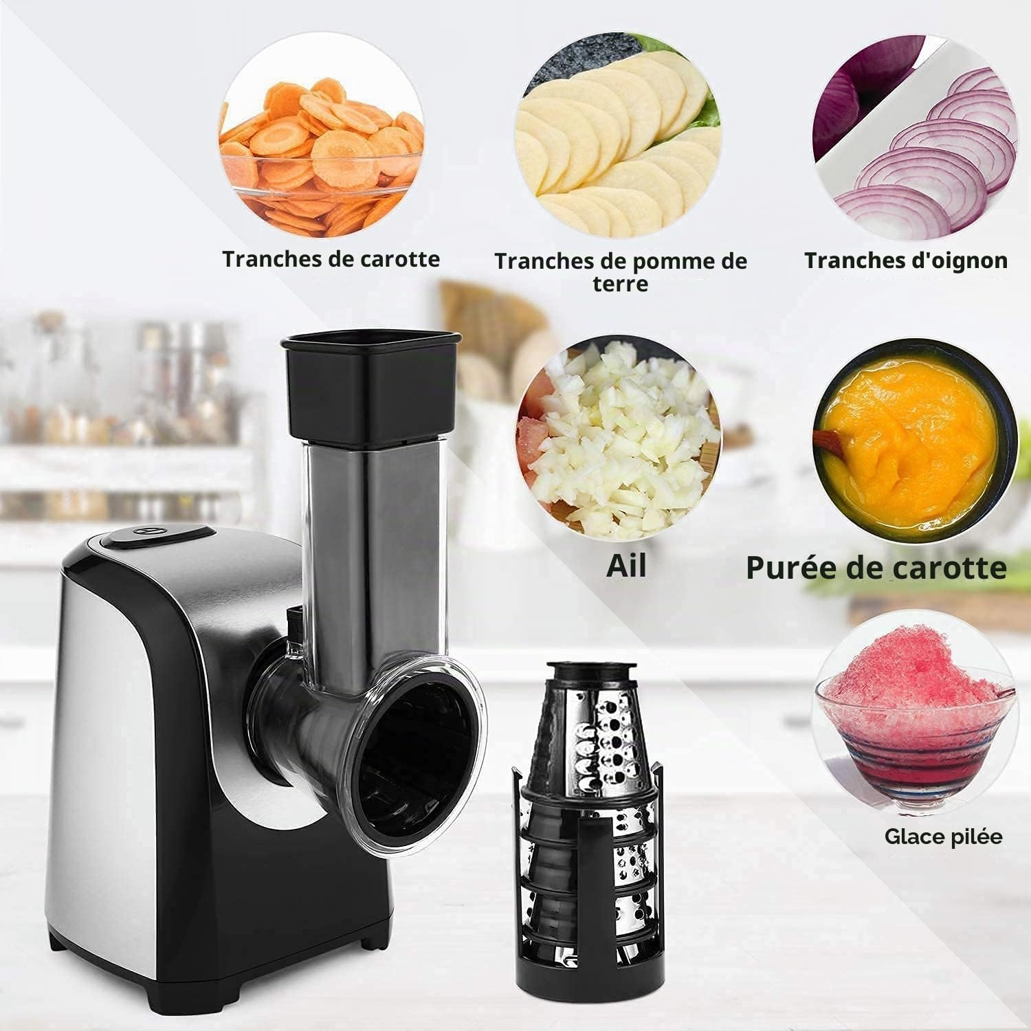 Mandoline électrique professionnelle 150 W, 5 en 1, en acier inoxydable, avec 5 tambours de coupe pour fruits, légumes, fromages et utilisation quotidienne, Argent/Noir