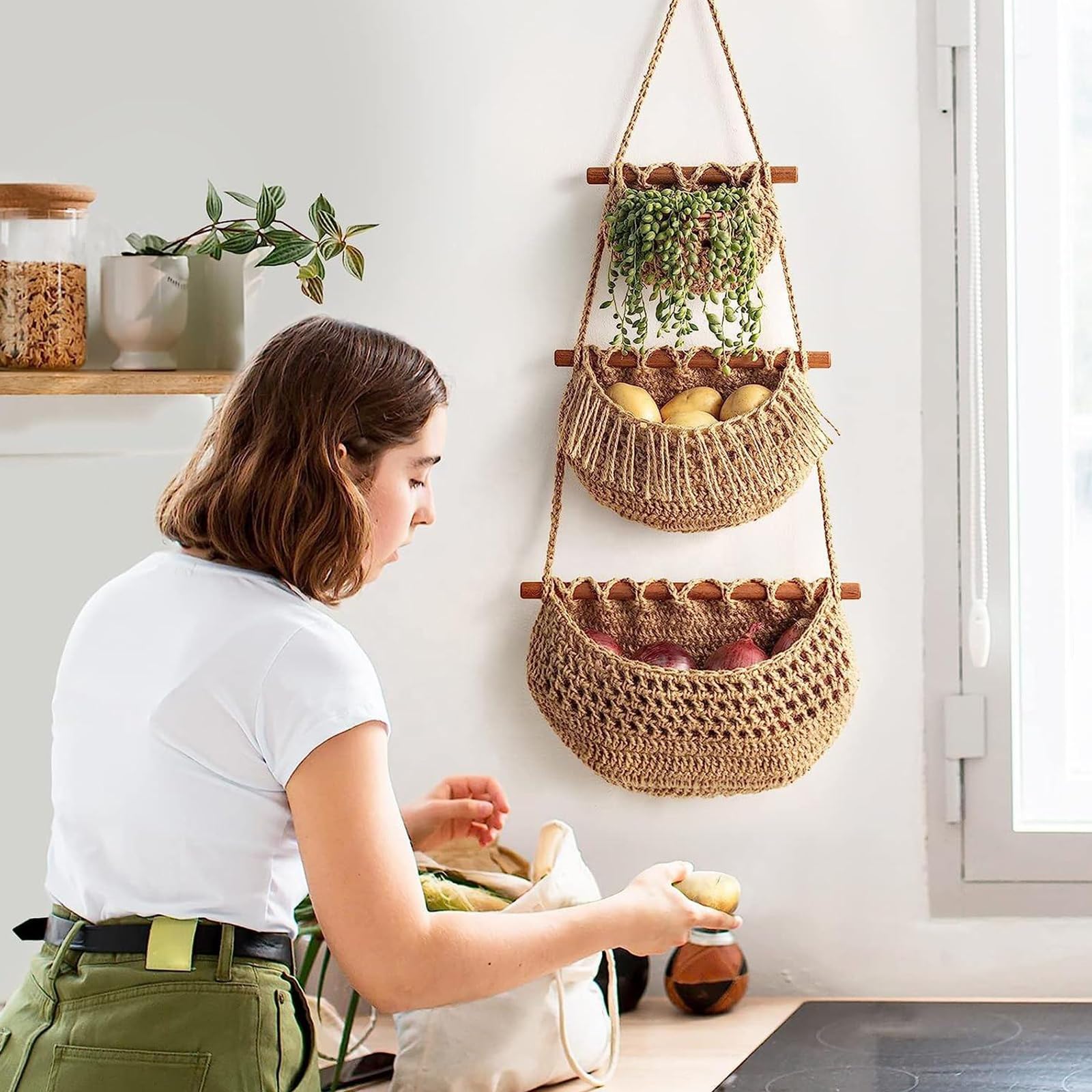 Lot de 4 corbeilles à fruits à suspendre au mur pour fruits et légumes, corde de jute tissée, support de rangement mural à suspendre sur la porte, organiseur avec 8 crochets pour cuisine, chambre à