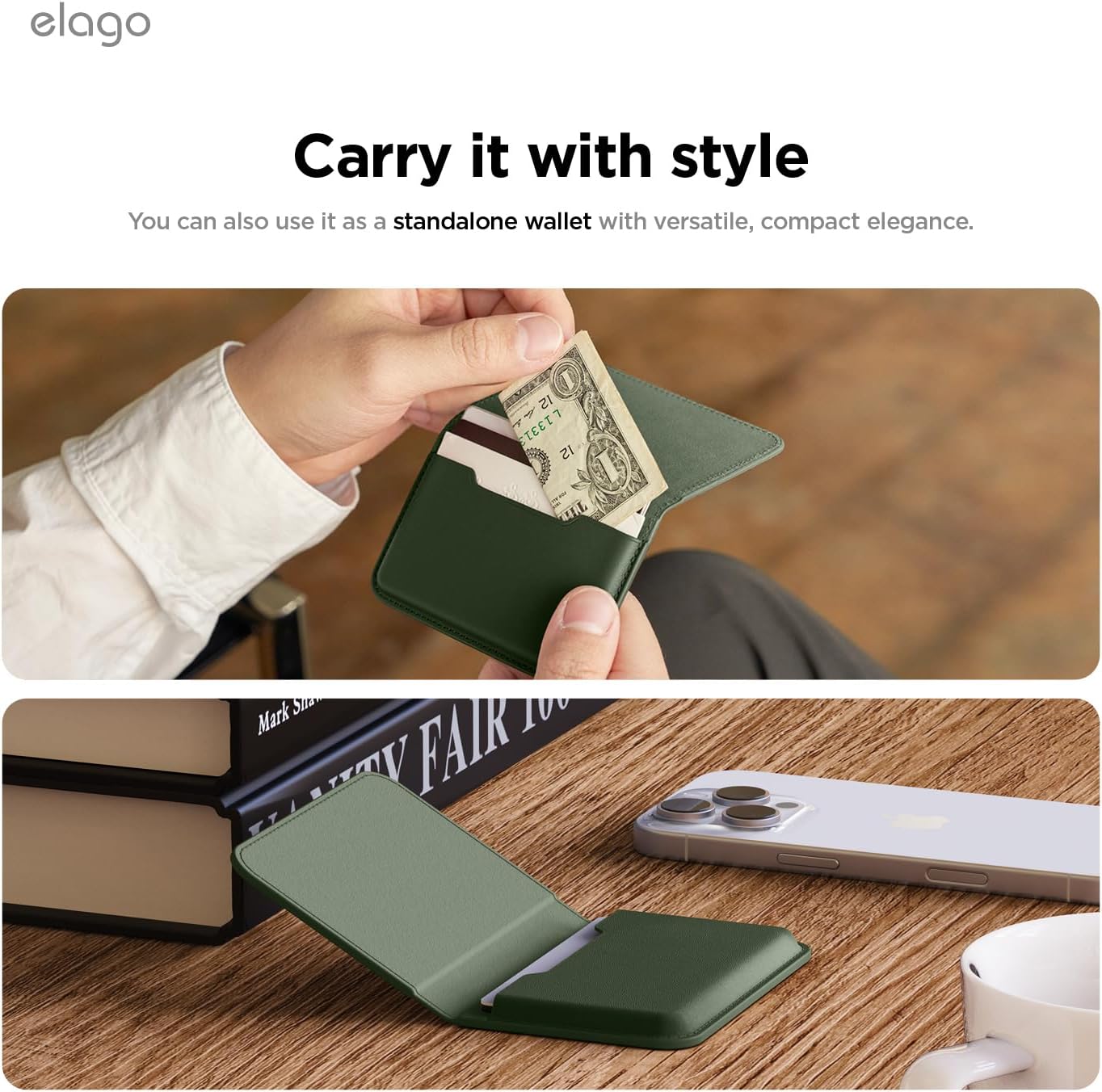 elago Magnetic Vegan Leather Wallet Card Holder 3-Cards Compatible with MagSafe for iPhone - Secure Phone Wallet, Scratch and Damage Protection [Dark Green]