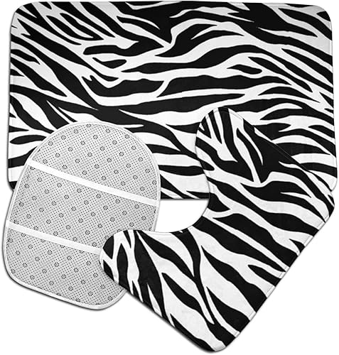 Miniatura 6 de YEAHSPACE Juego de 3 alfombras de diseño de rayas de cebra, decoración de baño, alfombras de inodoro blancas y negras, alfombra de contorno en forma