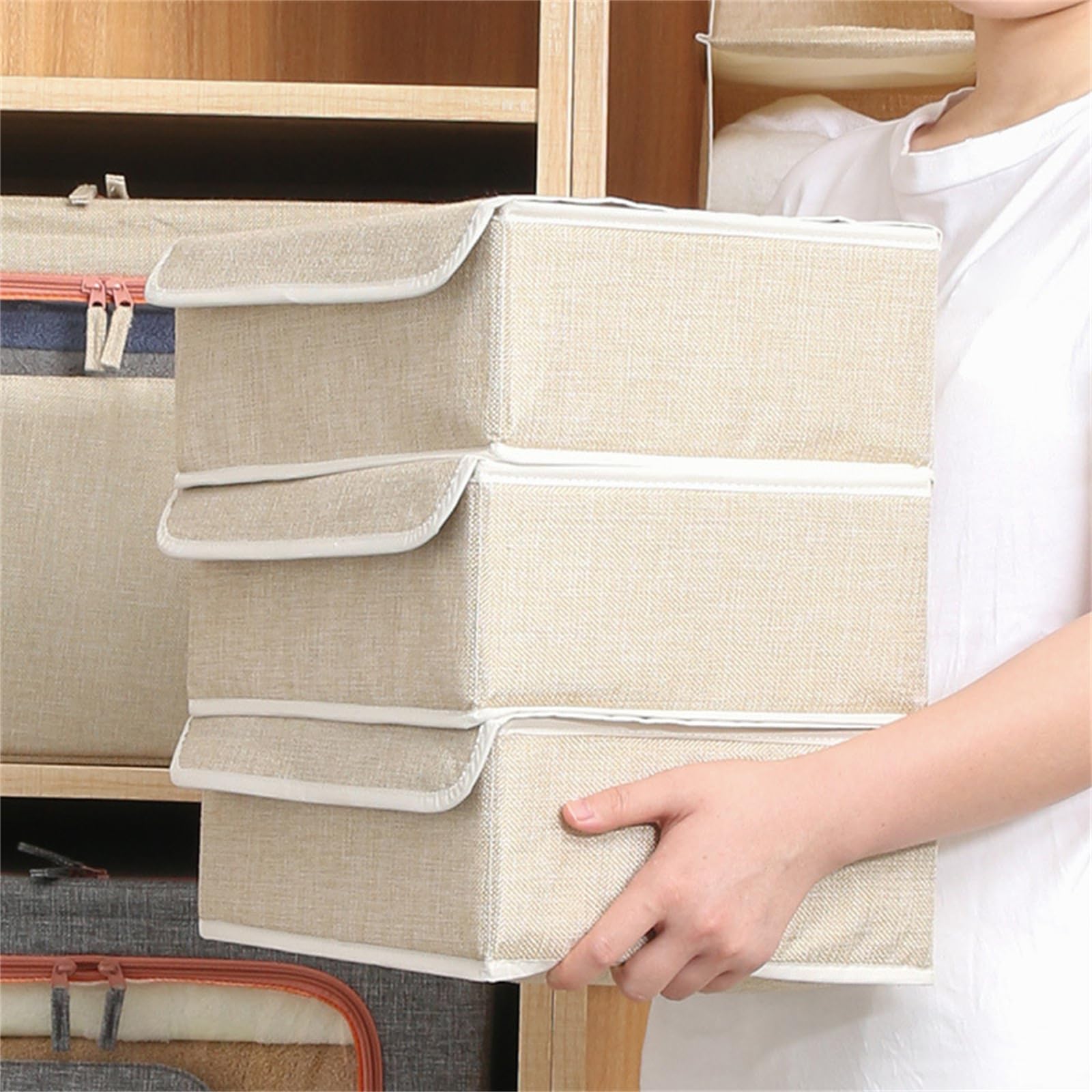 Caja de almacenamiento de tela de gran capacidad con tapa para organización de ropa interior, material de algodón y lino, diseño de compartimentos, H A