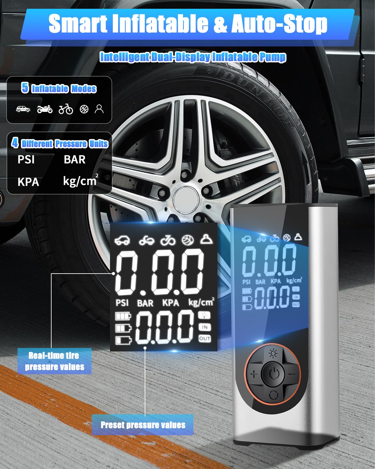Gonfia Gomme Auto Portatile, 6000mAh 150PSI Mini Compressore Portatile Senza Fili, Gonfiatore Elettrico con 4 Ugelli, Torcia LED, Pompa Elettrica per Bicicletta per Auto, Moto, Biciclette e Palloni