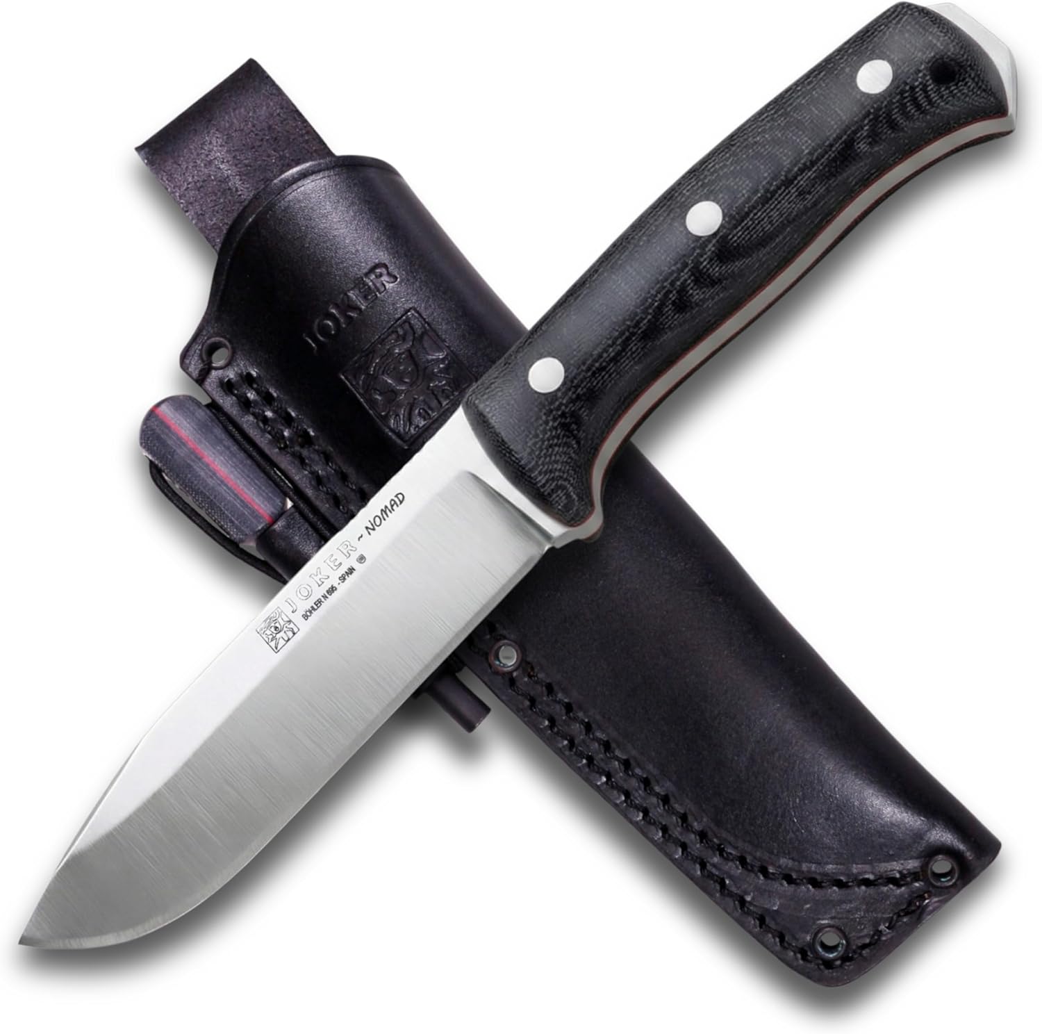 Joker Nomad CV125 hunting knife, 12.7 cm Böhler N695 steel blade, with different types of handle: walnut wood, green Micarta and black Micarta, tool for fishing, hunting, camping and hiking (Green Micarta Canvas, Leather Sheath)