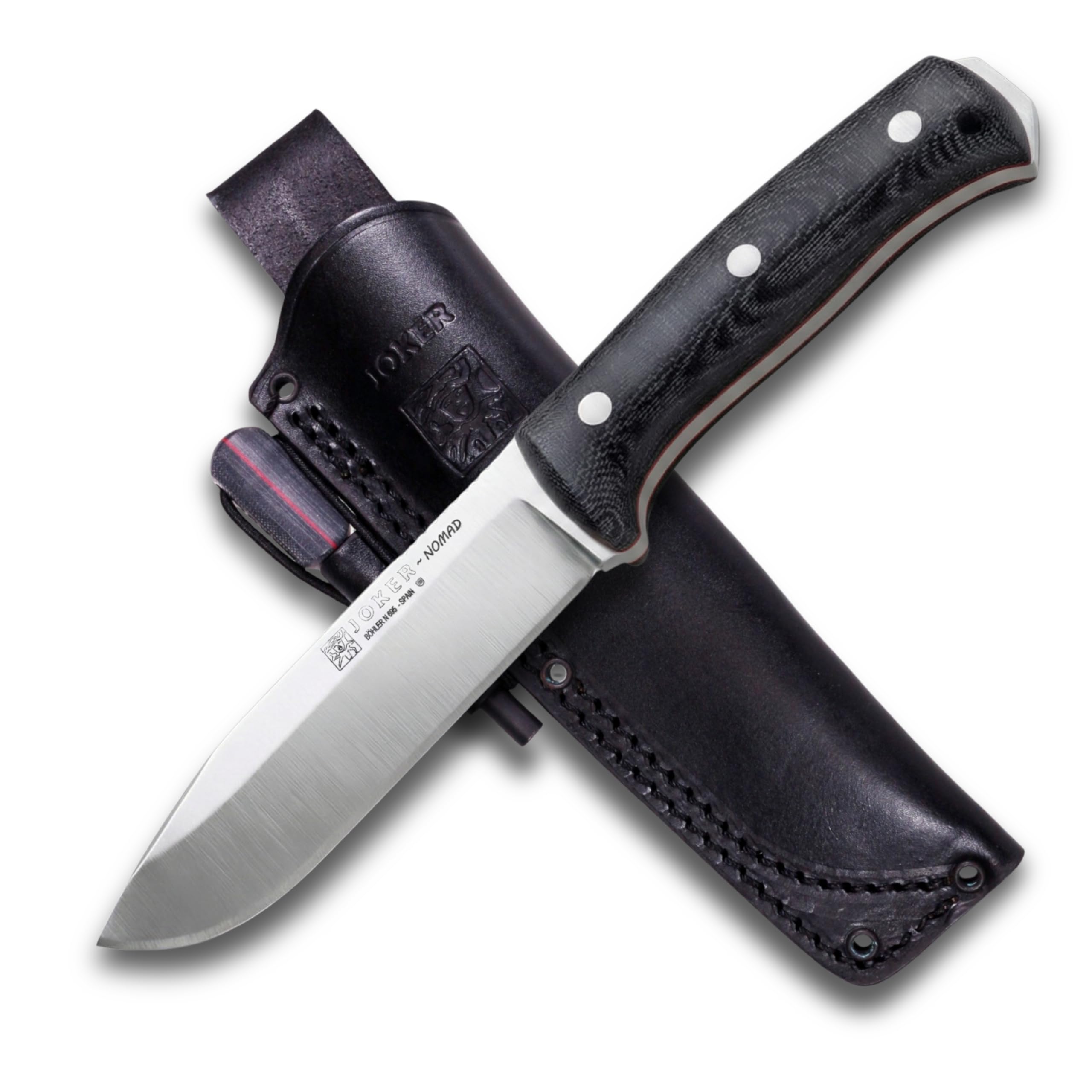 Joker Cuchillo Bushcraft Nomad CM125-P, hoja de 12,7 cm, mango micarta canvas, funda piel de color negro con pedernal, Herramienta de pesca, caza, camping y senderismo