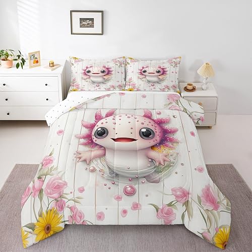 Lovely Axolotl Comforter Set, Nautical Sea Amphibian Animal Newt Bedding Set Ful
