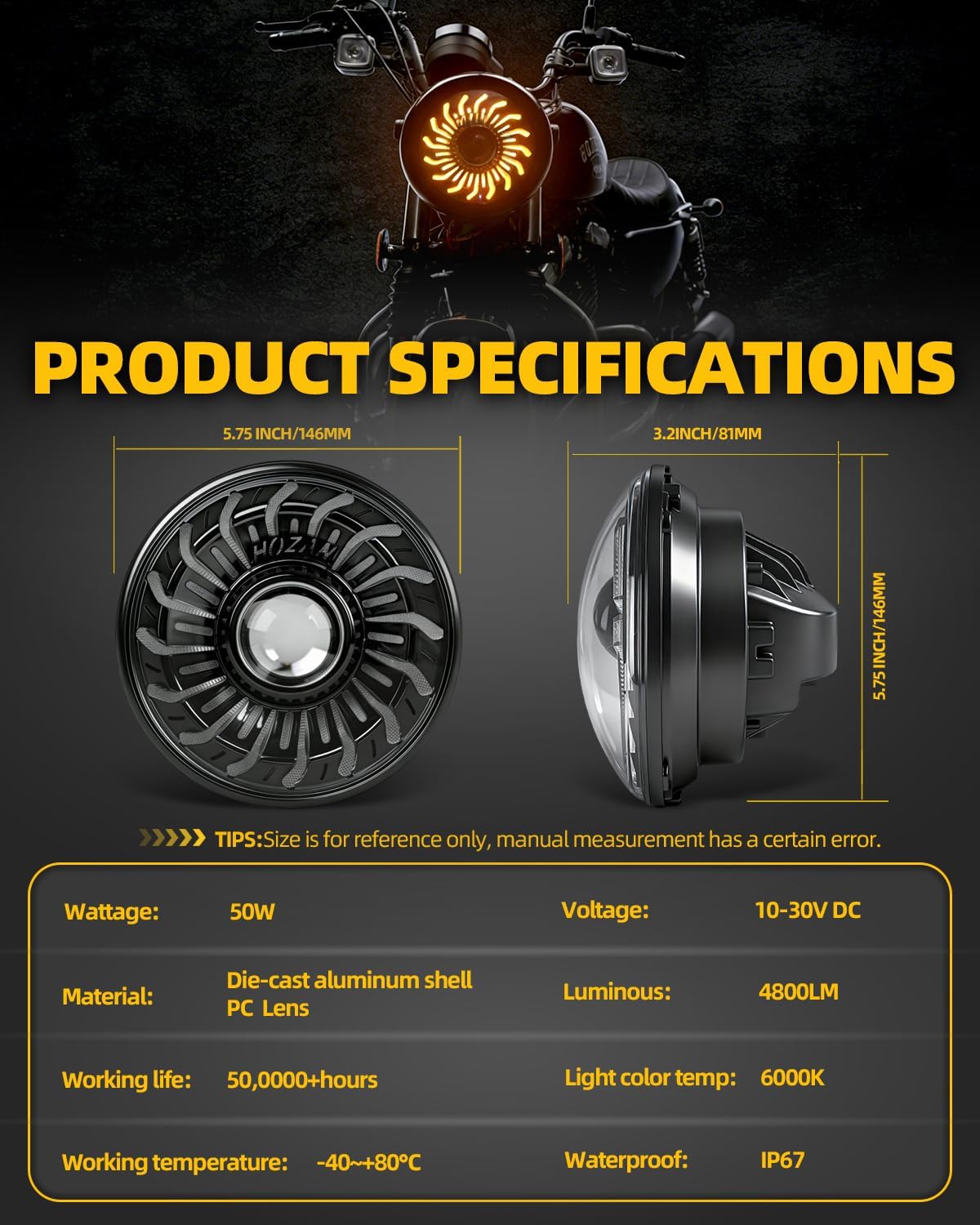 5.75" LED Motorcycle Headlight, Whirlwind Dynamic Halo DRL, 4800LM High/Low Beam, 5-3/4" Projector Lamp for Sportster, Dyna, Softail, Iron 883, Street Bob, DOT SAE Approved