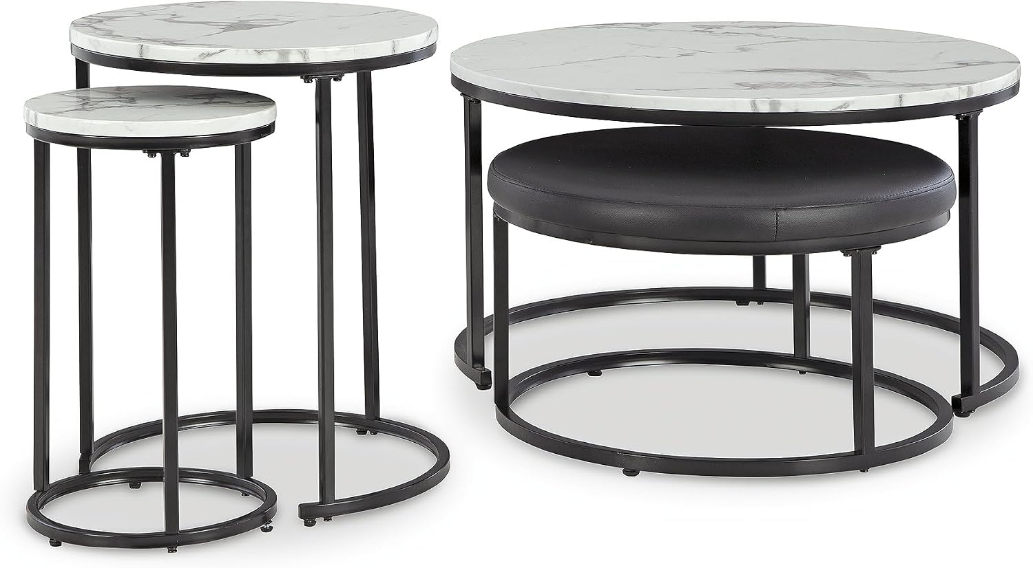 Signature Design by Ashley Jusmour Modern Nesting Table Set with Faux Leather Upholstered Ottoman, Set of 4, Black & White