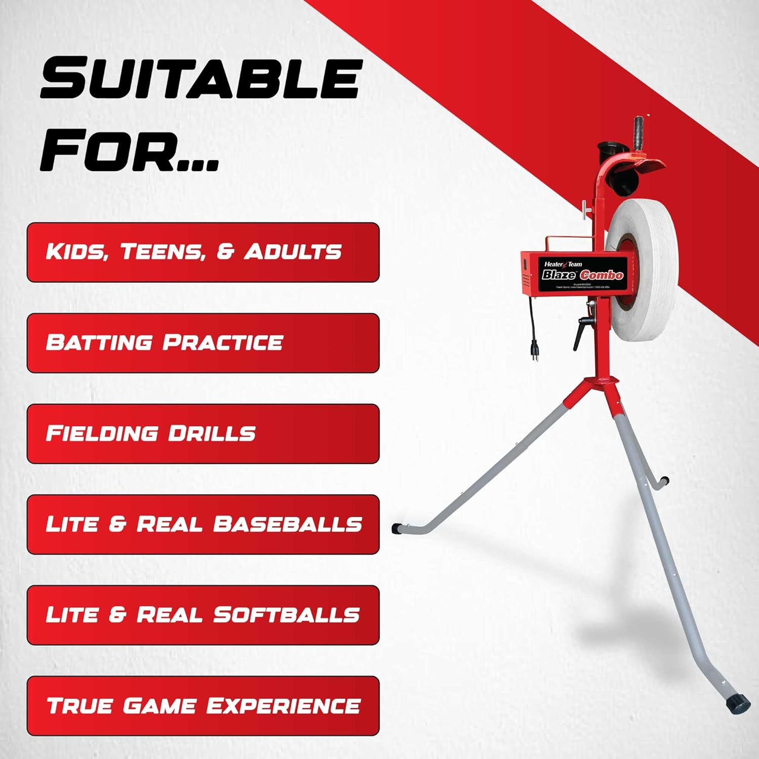 Heater Team Sports Blaze Pitching Machine with 1 Yr. Warranty for Baseball, and Softball Training | Blaze Baseball & Softball Throws Up to 70 MPH | Perfect for Backyard Practice & Team Development