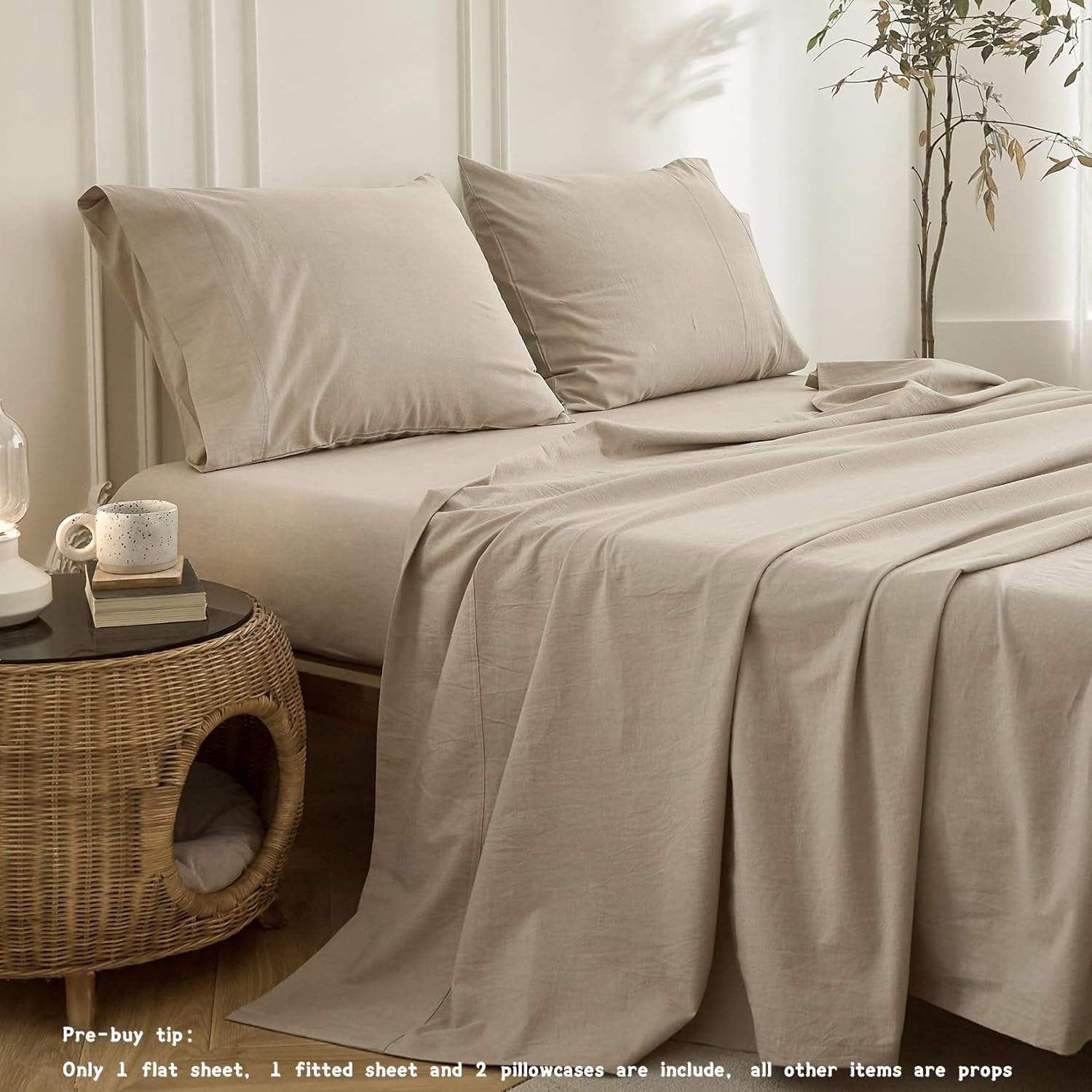 4PS Linen Grey Queen Size Bedding Set, Oeko-TEX Standard 100% Washed Cotton Linen Like Bedding Sheet Sets Cover Deep Pocket Fitted Sheet Plus Cozy Flat Sheet and 2 Pillowcases - Image 6