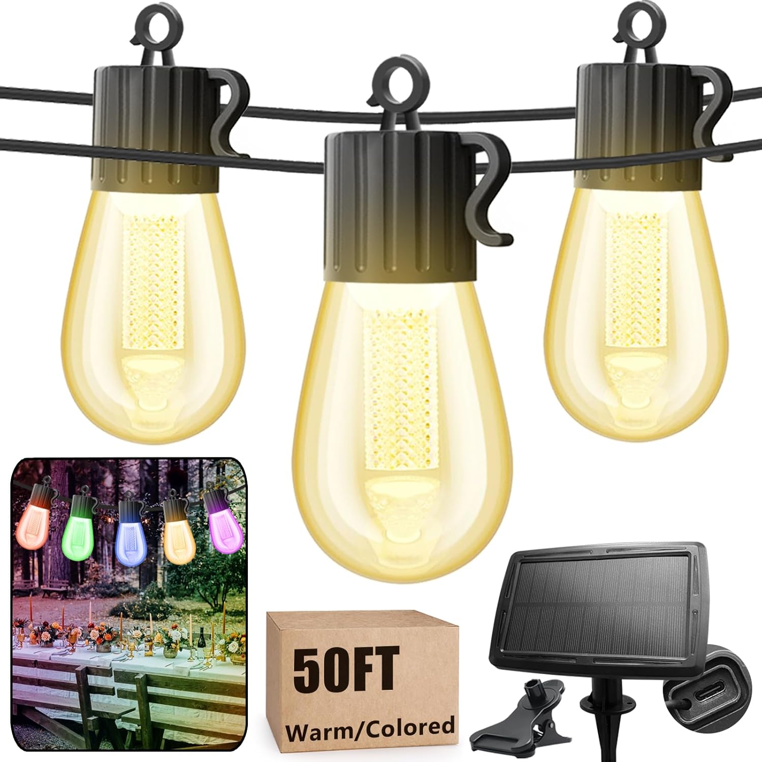Solar String Lights Outdoor Warm and Colored, 50ft Solar Powered