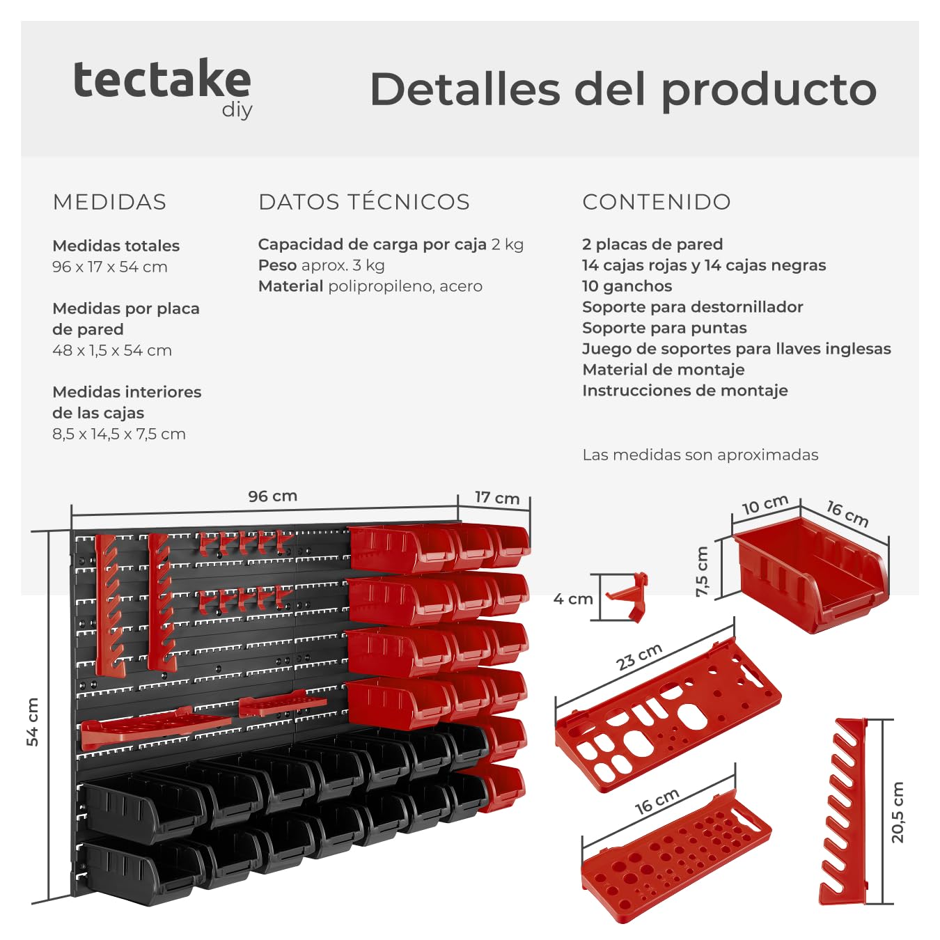 tectake® Organizador de Herramientas con Panel Herramientas Pared y Organizador de Tornillos para Taller Bricolaje, Estantería con Cajas para Tornillos - 1 Estantería