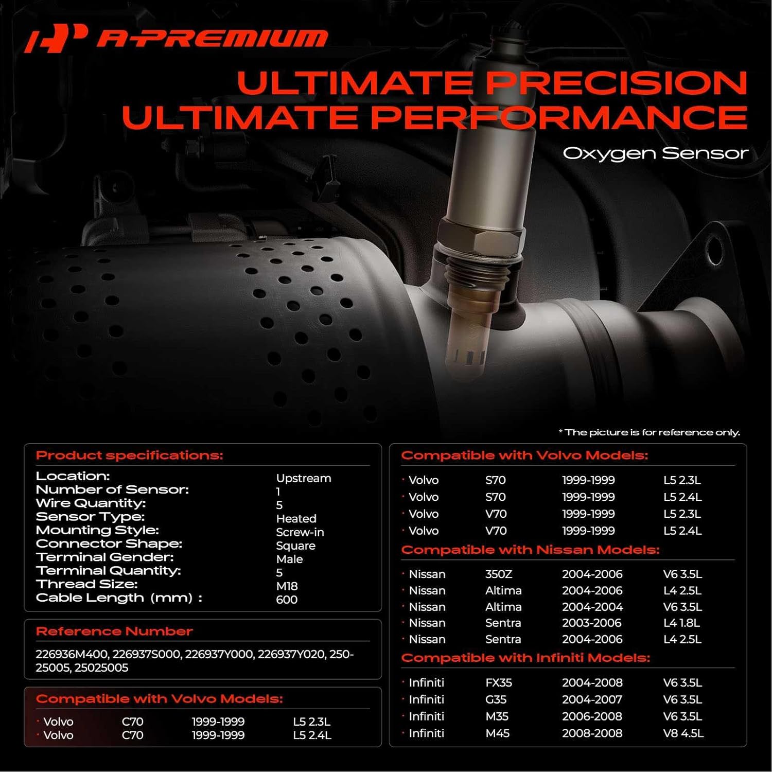 A-Premium O2 Oxygen Sensor Upstream Compatible with Nissan, Infiniti & Volvo - Altima 2004-2006, Sentra 2003-2006, 350Z 2004-2006, G35, FX35, M45, C70, S70, V70, Replace# 226936M400, 226937S000